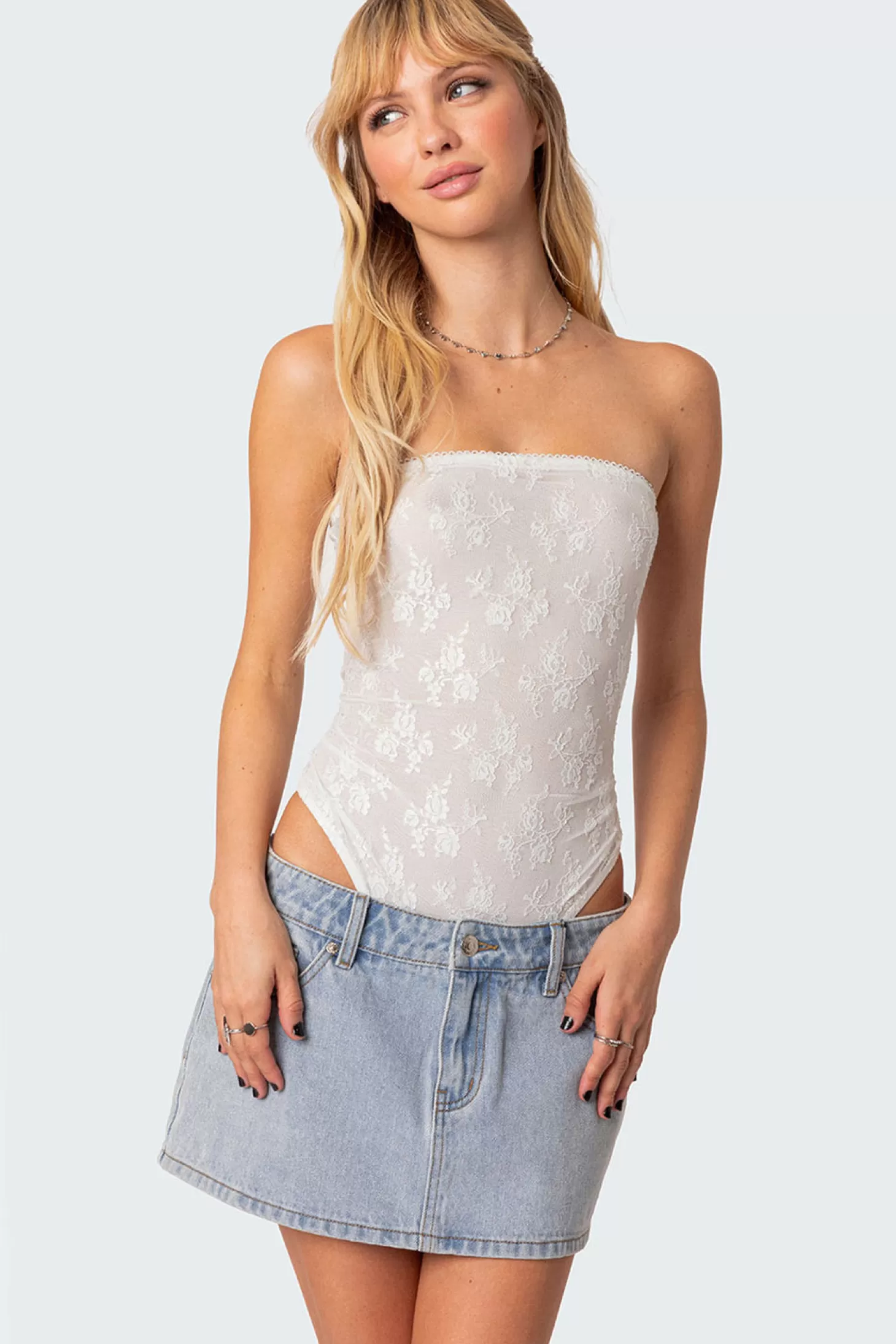 edikted Alina Sheer Lace Bodysuit* Strapless Tops | Bodysuits