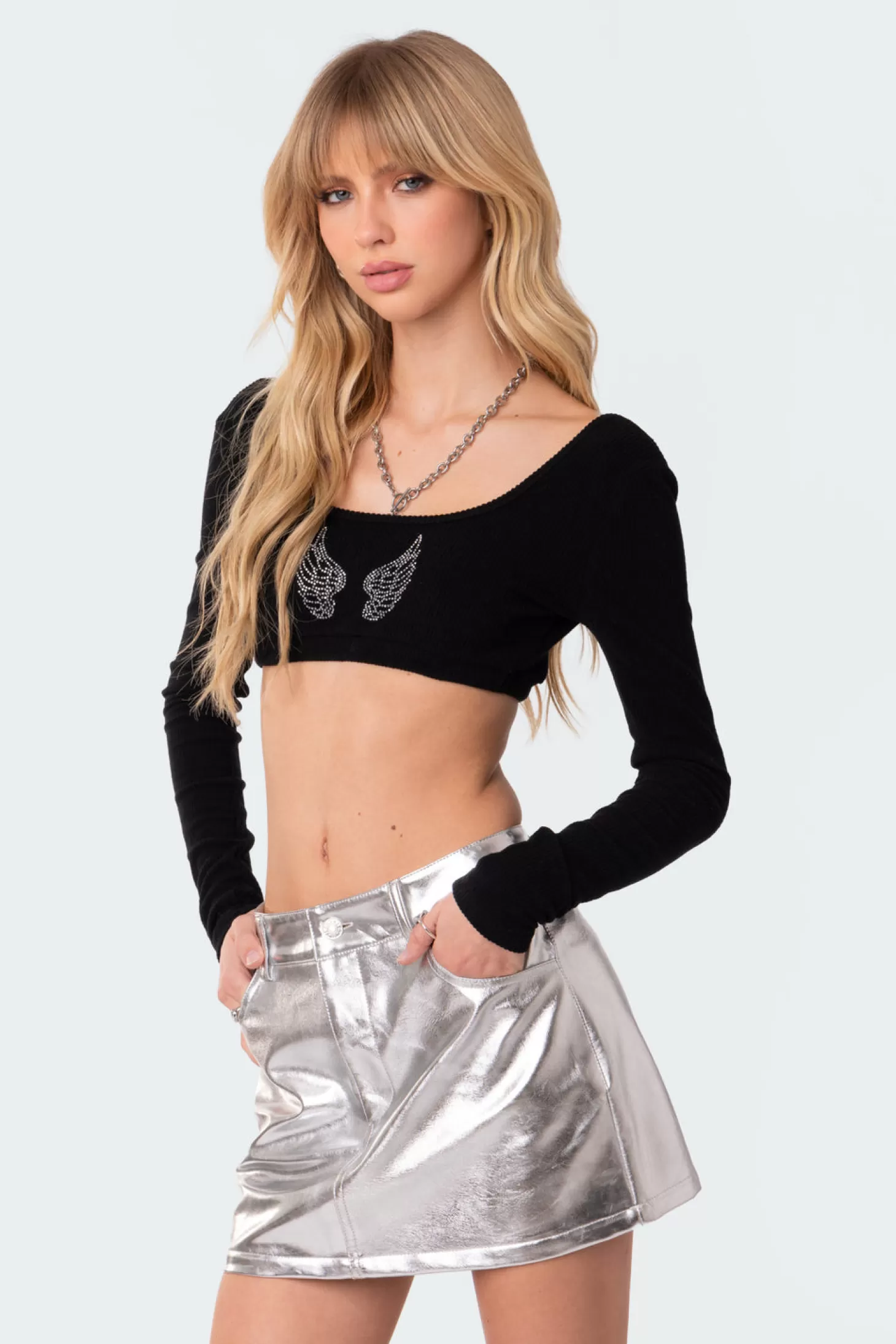 edikted Angelic Rhinestone Ribbed Open Back Crop Top* Crop Tops | Long Sleeve Tops