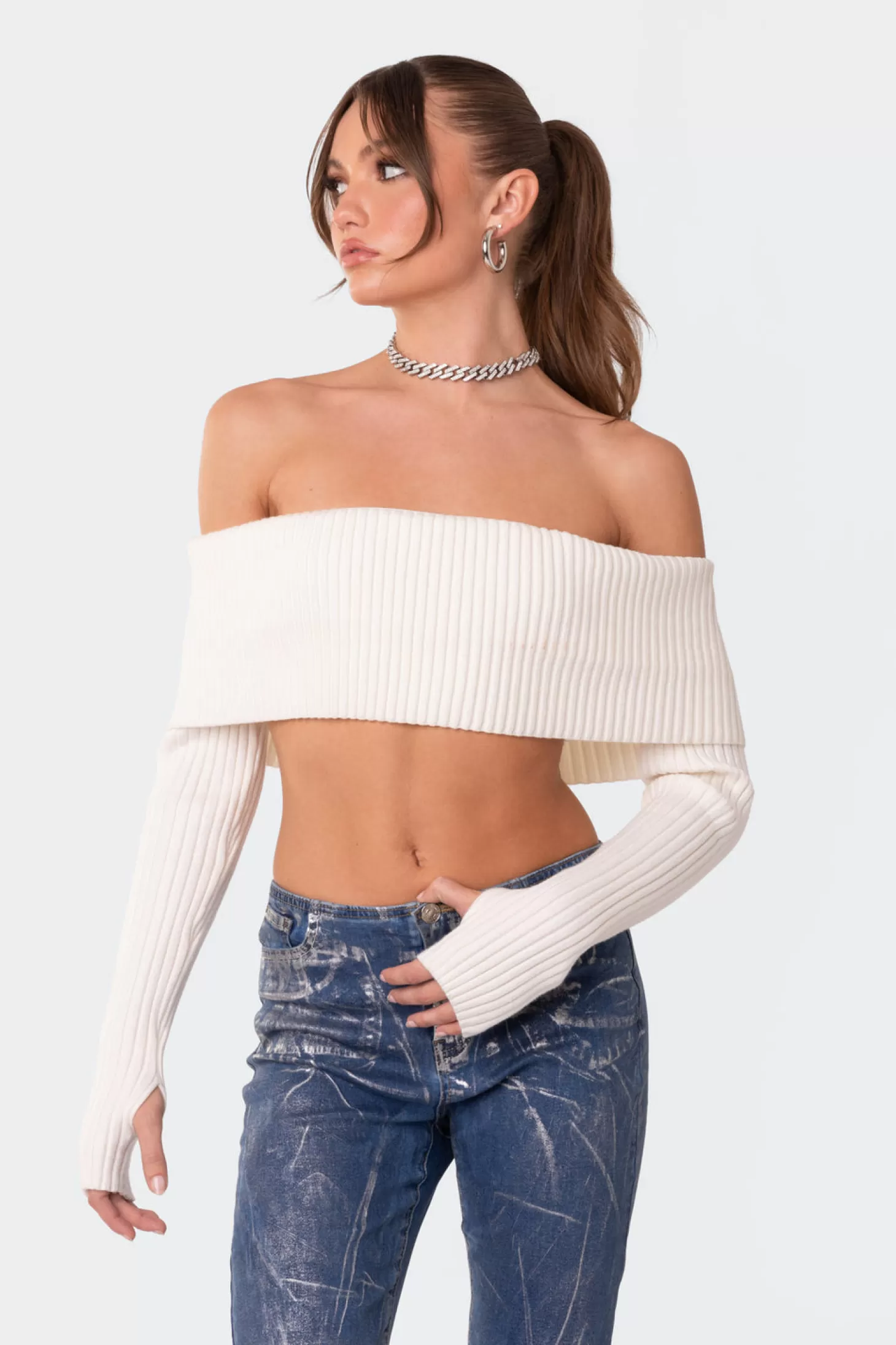 edikted Astrea Fold Over Cropped Sweater* Crop Tops | Long Sleeve Tops