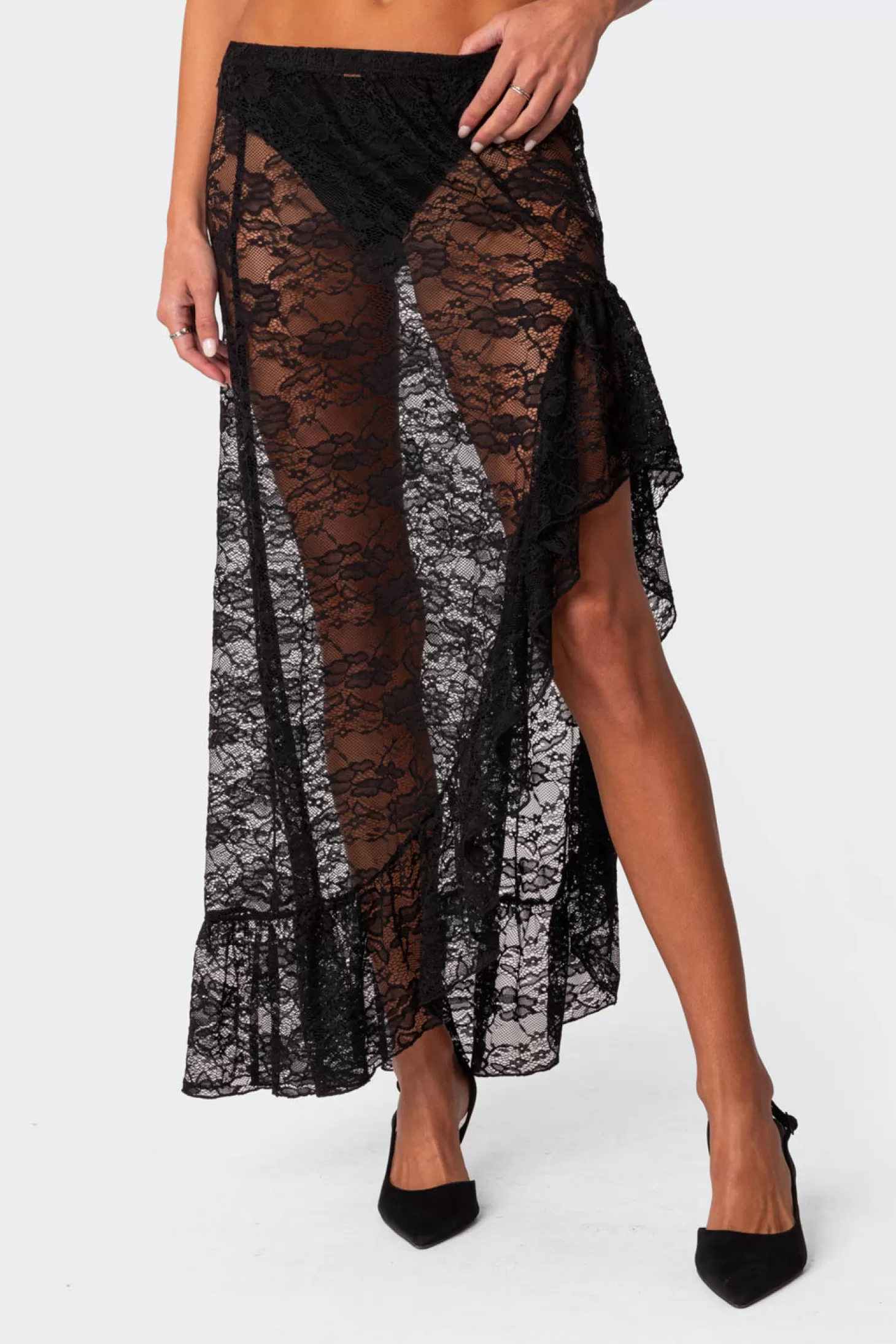 edikted Asymmetric Ruffle Sheer Lace Maxi Skirt* Skirts | Skirts