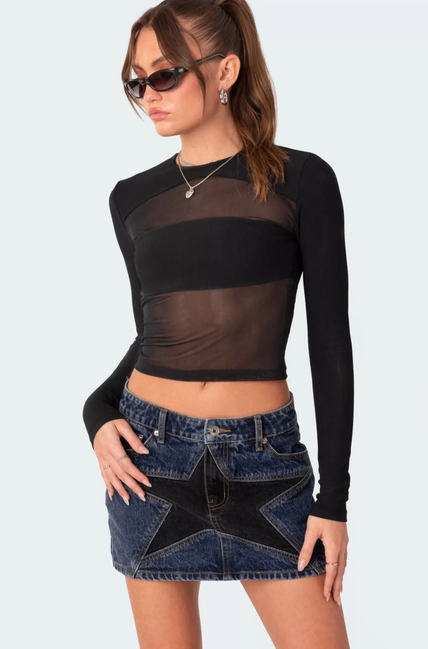 edikted Azal Half Ribbed Mesh Top* Long Sleeve Tops