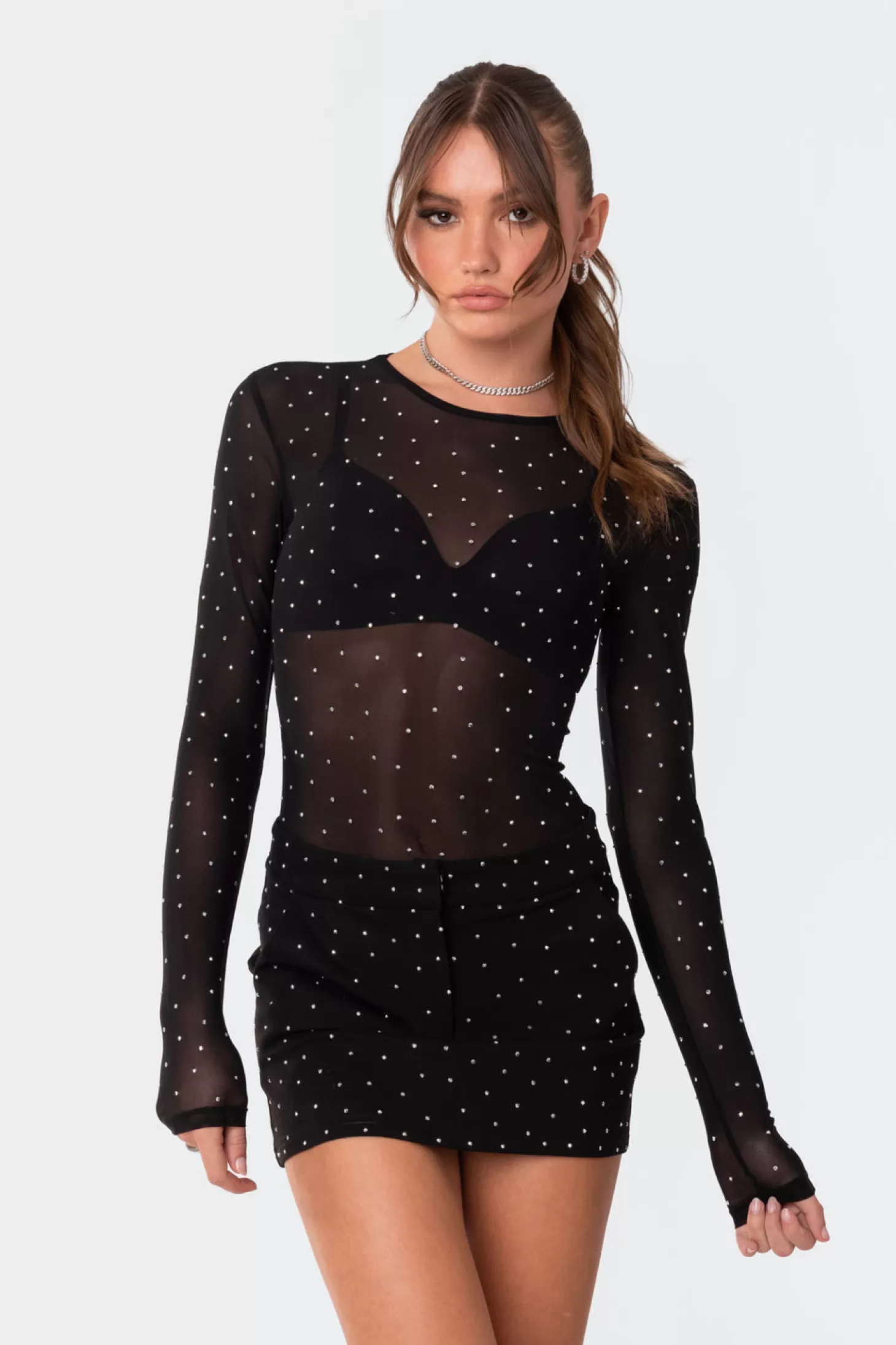 edikted Bling Rhinestone Sheer Mesh Bodysuit* Long Sleeve Tops | Bodysuits