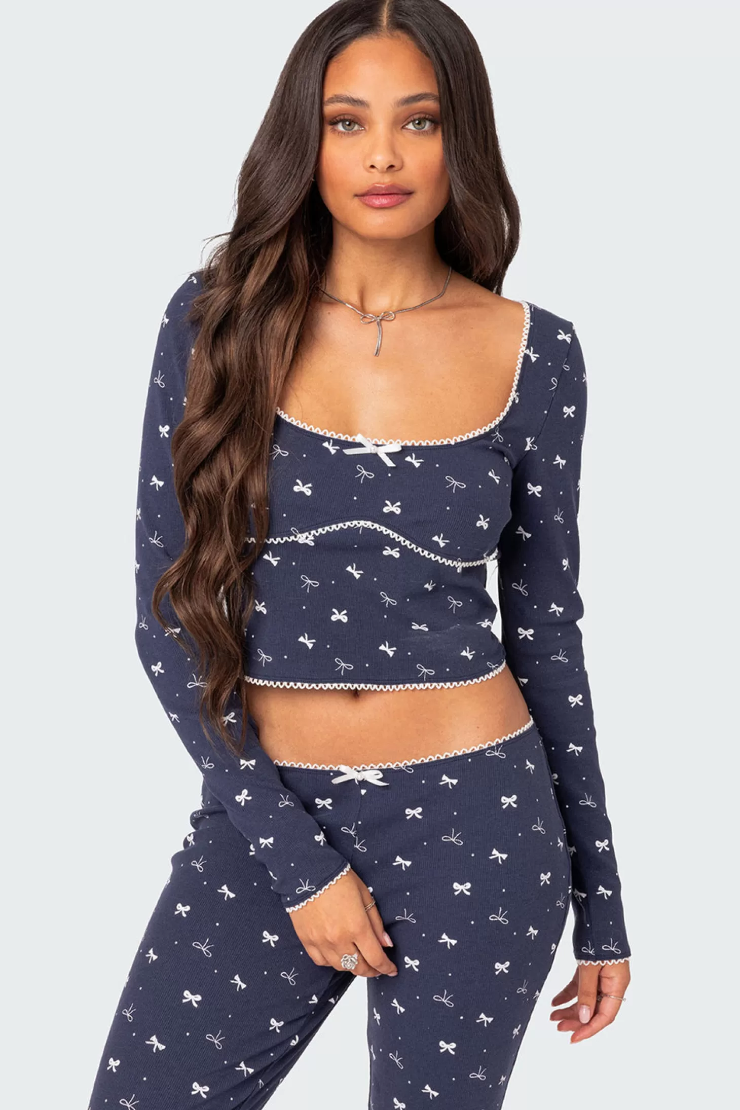 edikted Bradley Bow Print Ribbed Pajama Top* Crop Tops | Long Sleeve Tops