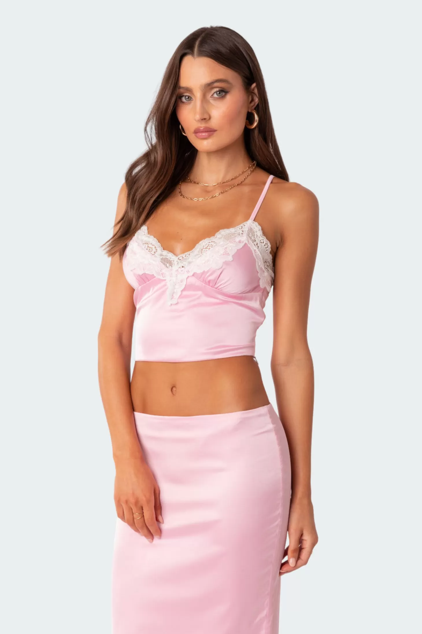 edikted Brandi Lace Trim Satin Tank Top* Crop Tops