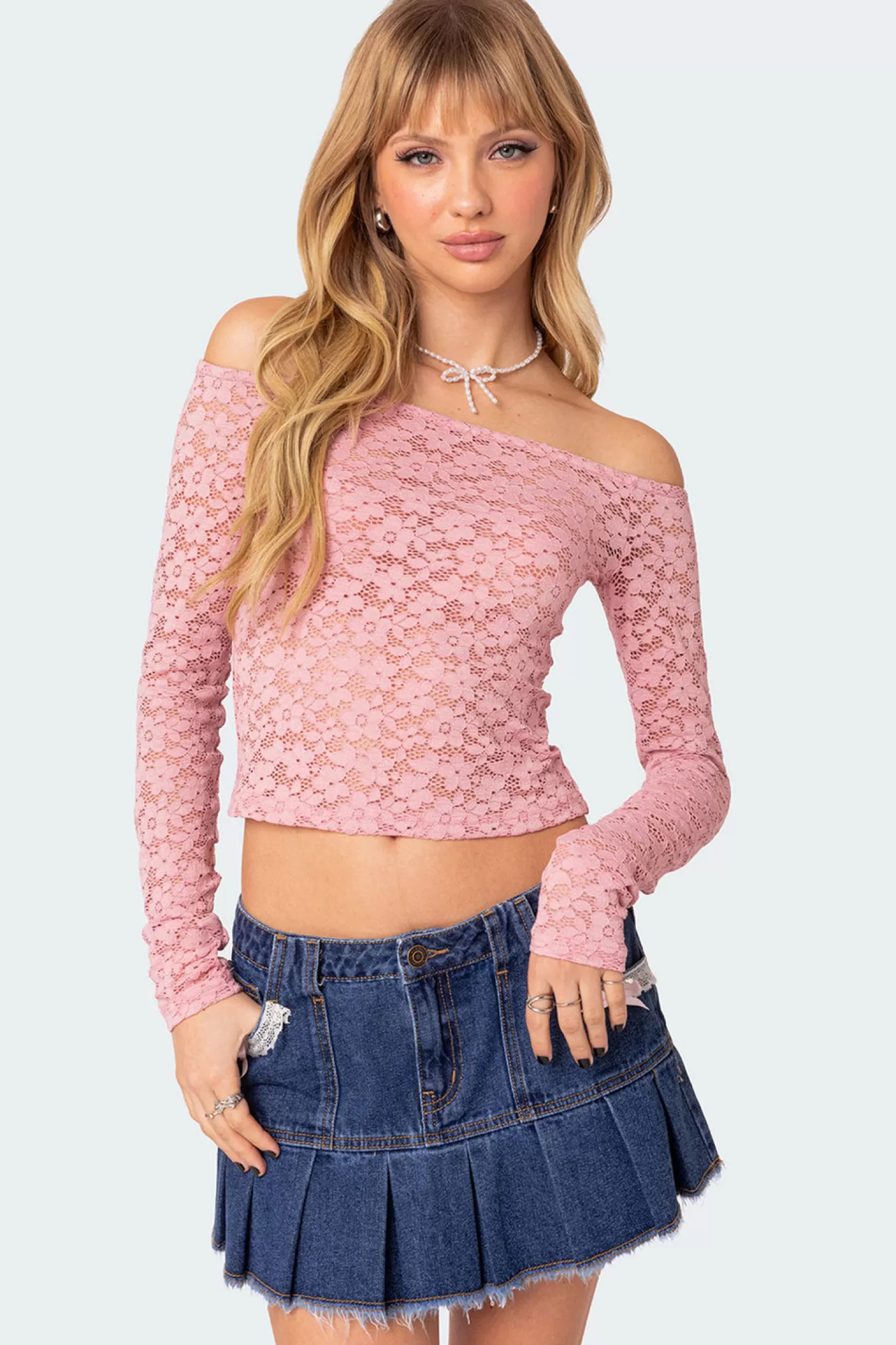 edikted Carolina Off Shoulder Sheer Lace Top* Long Sleeve Tops