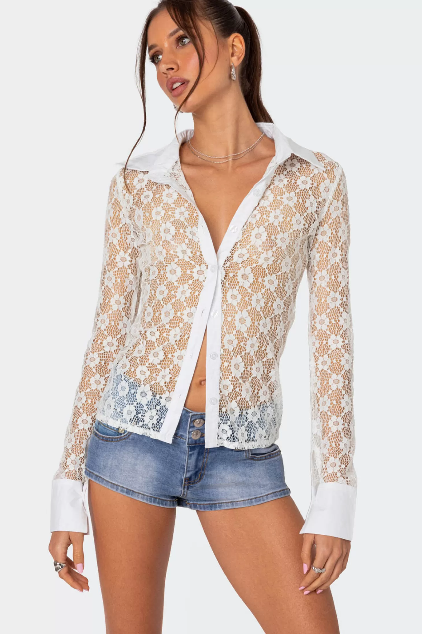 edikted Cecilia Sheer Lace Button Up Shirt* Long Sleeve Tops | Tops