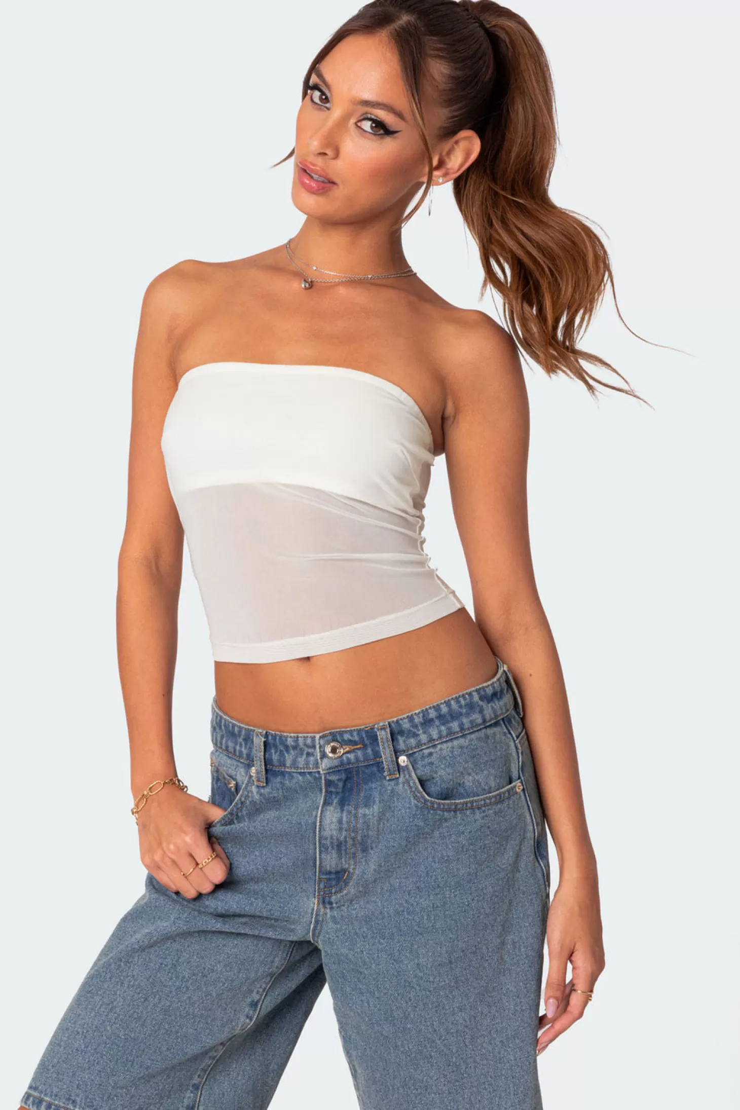 edikted Celestia Sheer Mesh Tube Top* Strapless Tops