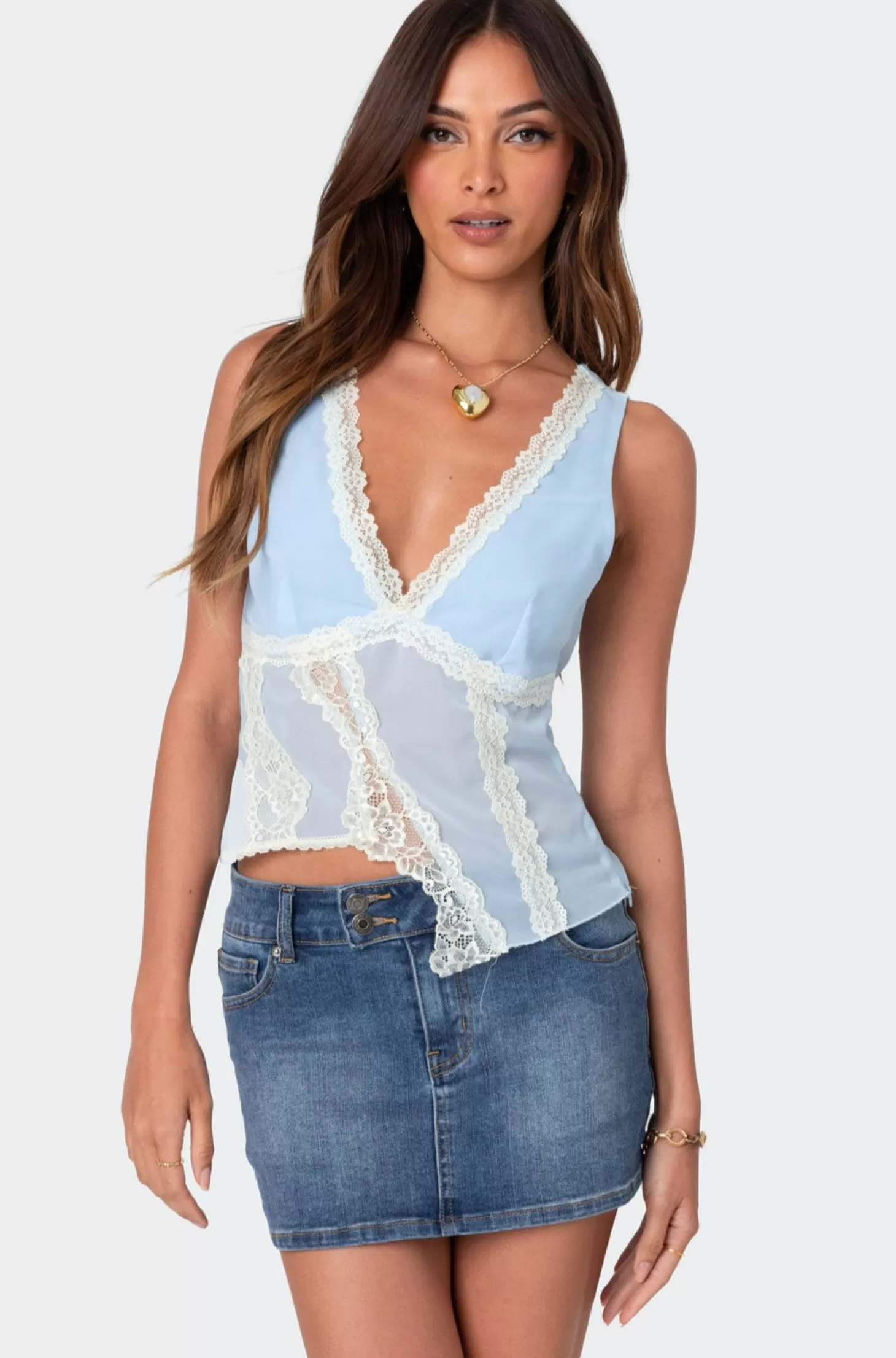 edikted Chiffon & Lace Sheer Asymmetric Top* Tops