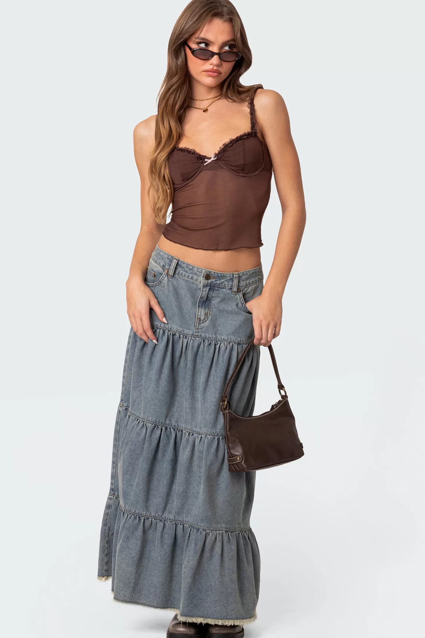 edikted Countryside Tiered Washed Denim Maxi Skirt* Skirts | Skirts