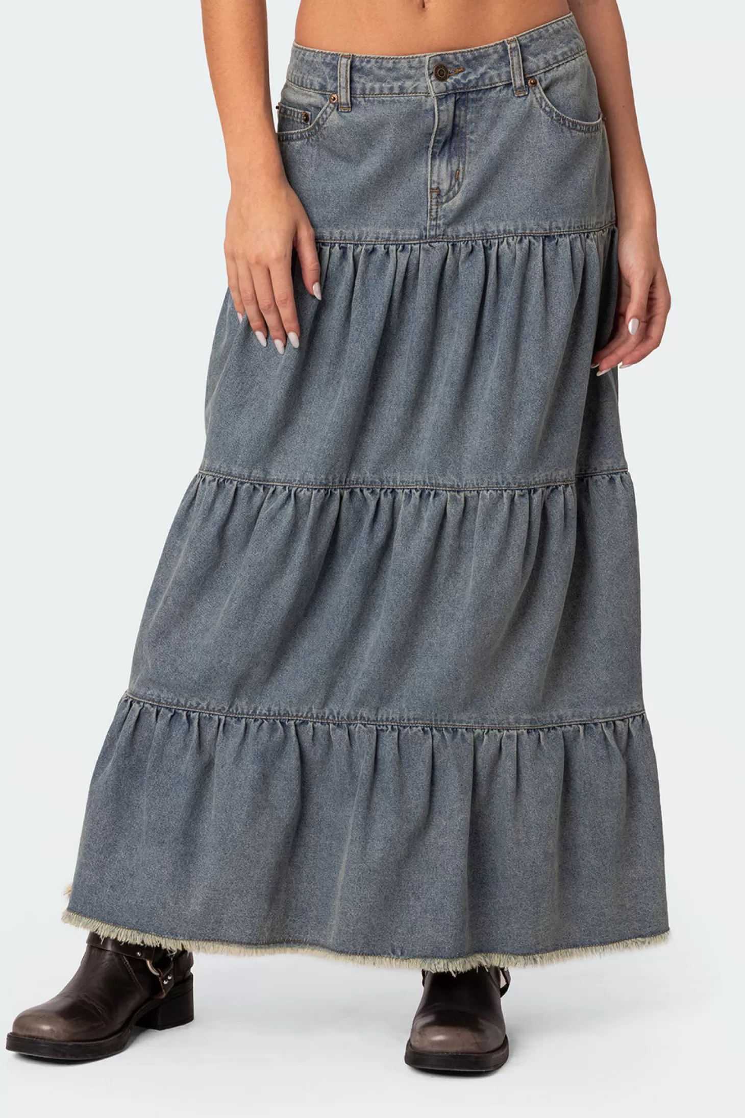 edikted Countryside Tiered Washed Denim Maxi Skirt* Skirts | Skirts