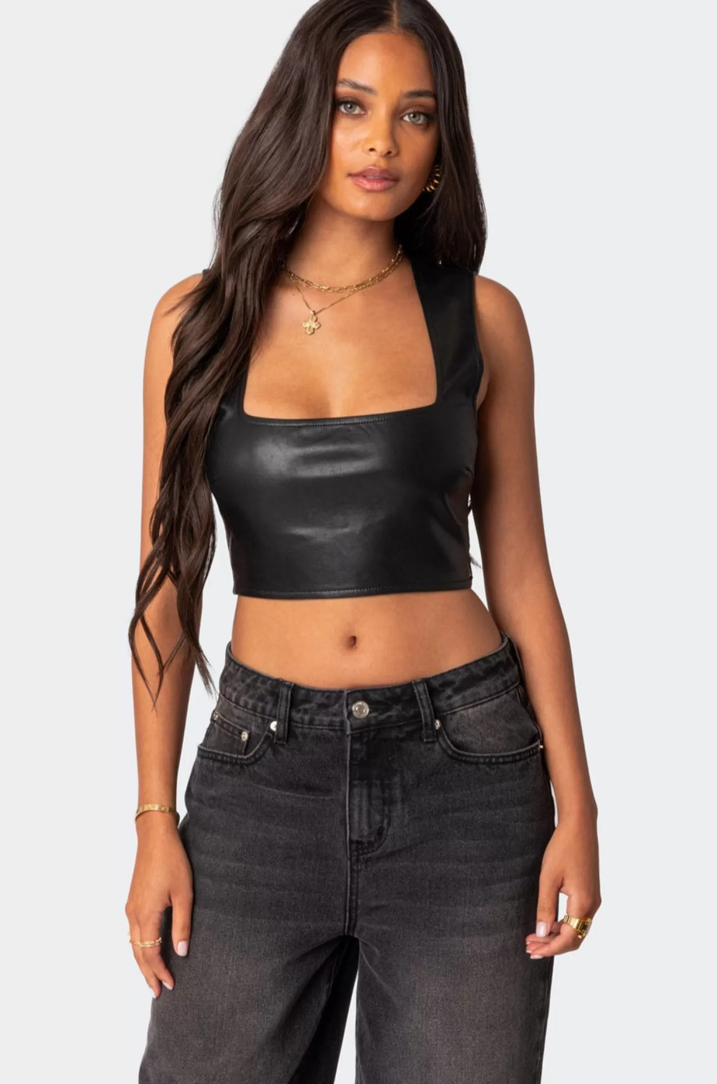 edikted Crescent Faux Leather Crop Top* Crop Tops