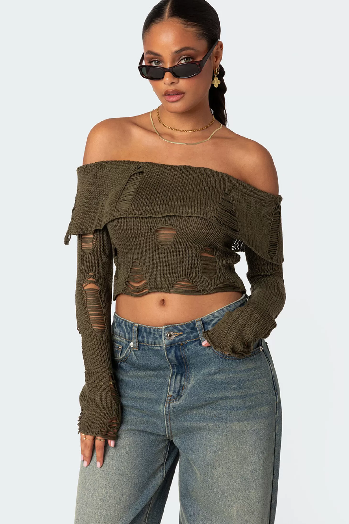 edikted Distressed Fold Over Sweater* Crop Tops | Long Sleeve Tops