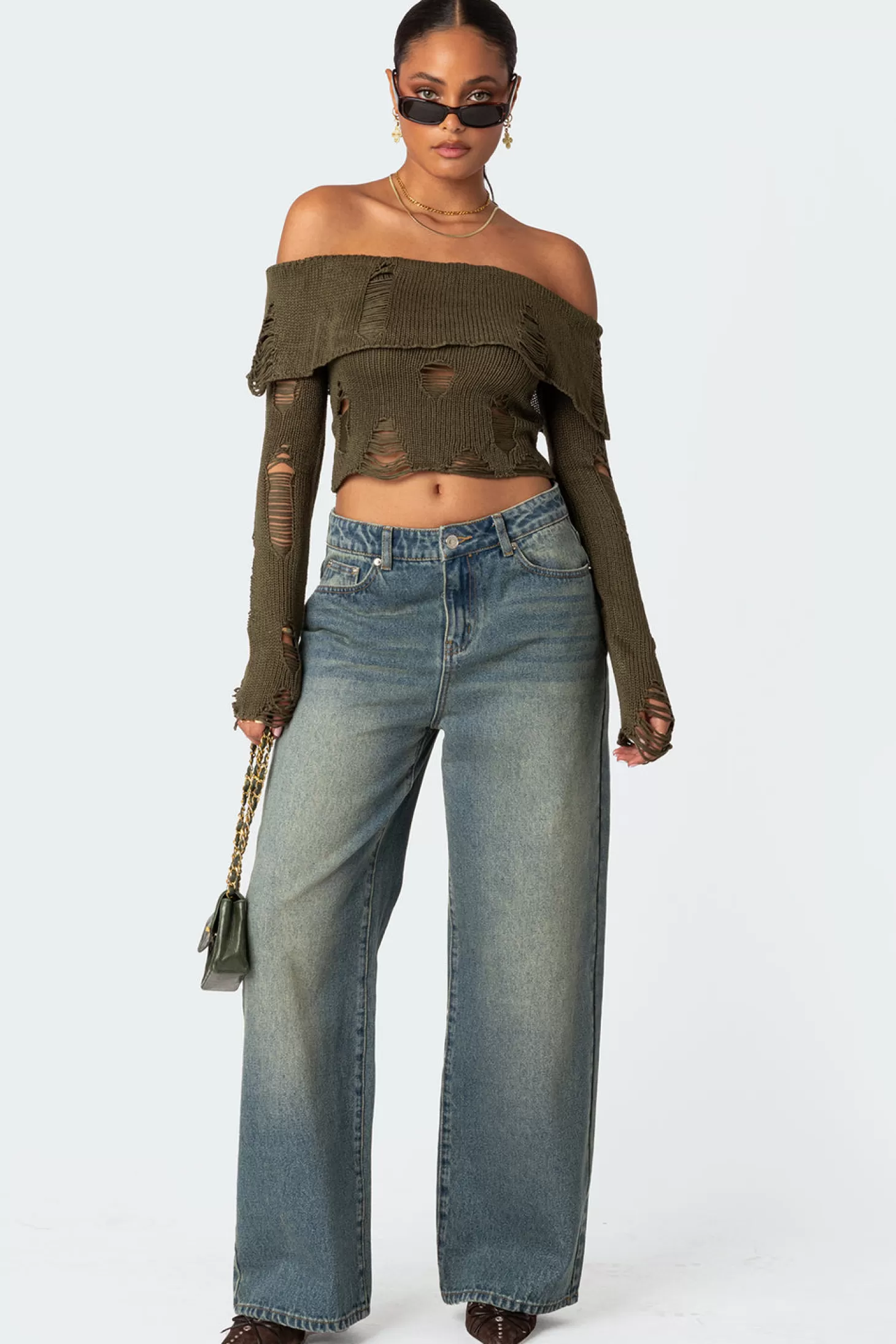 edikted Distressed Fold Over Sweater* Crop Tops | Long Sleeve Tops