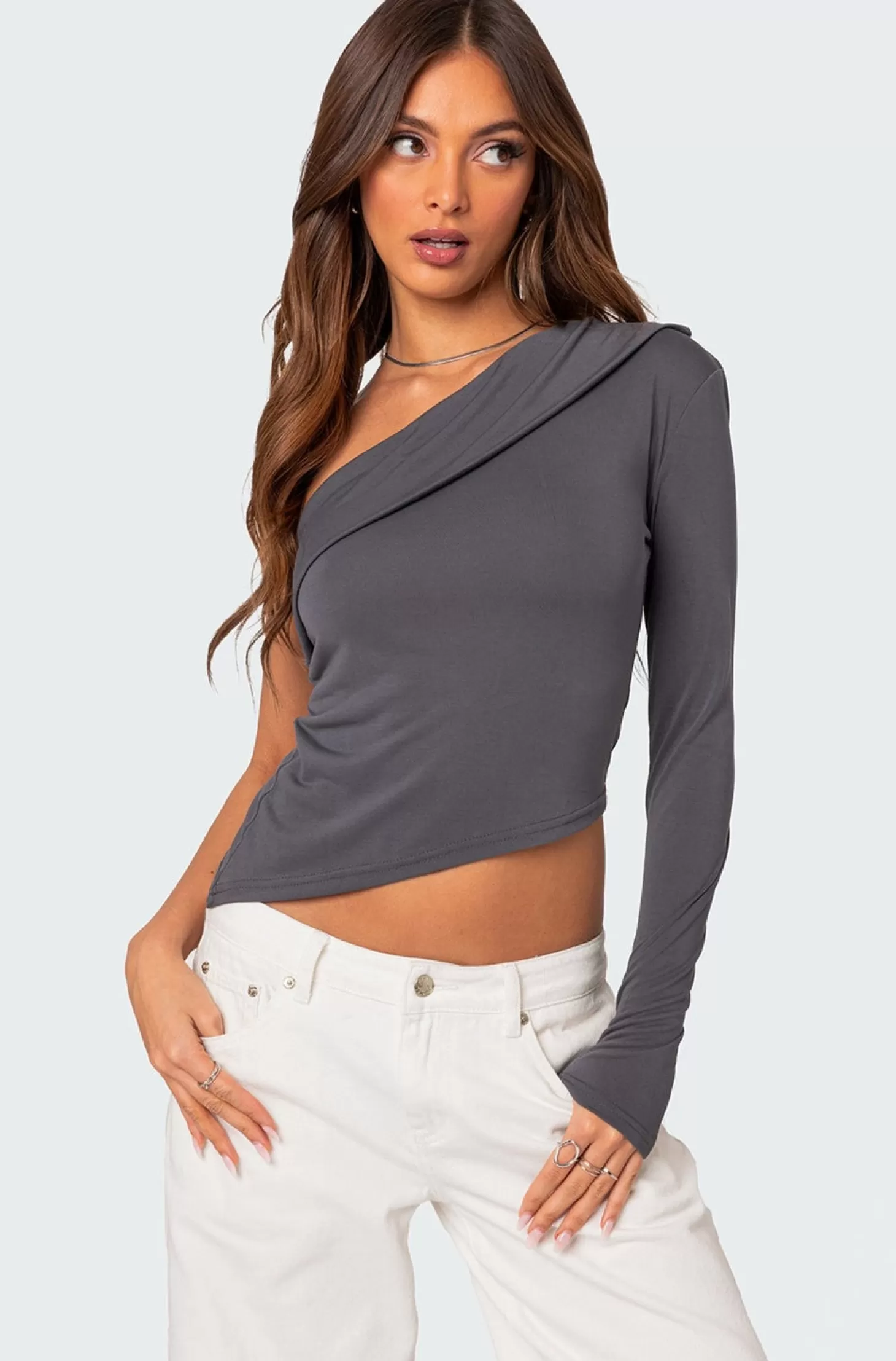 edikted Fold Over One Shoulder Top* Long Sleeve Tops