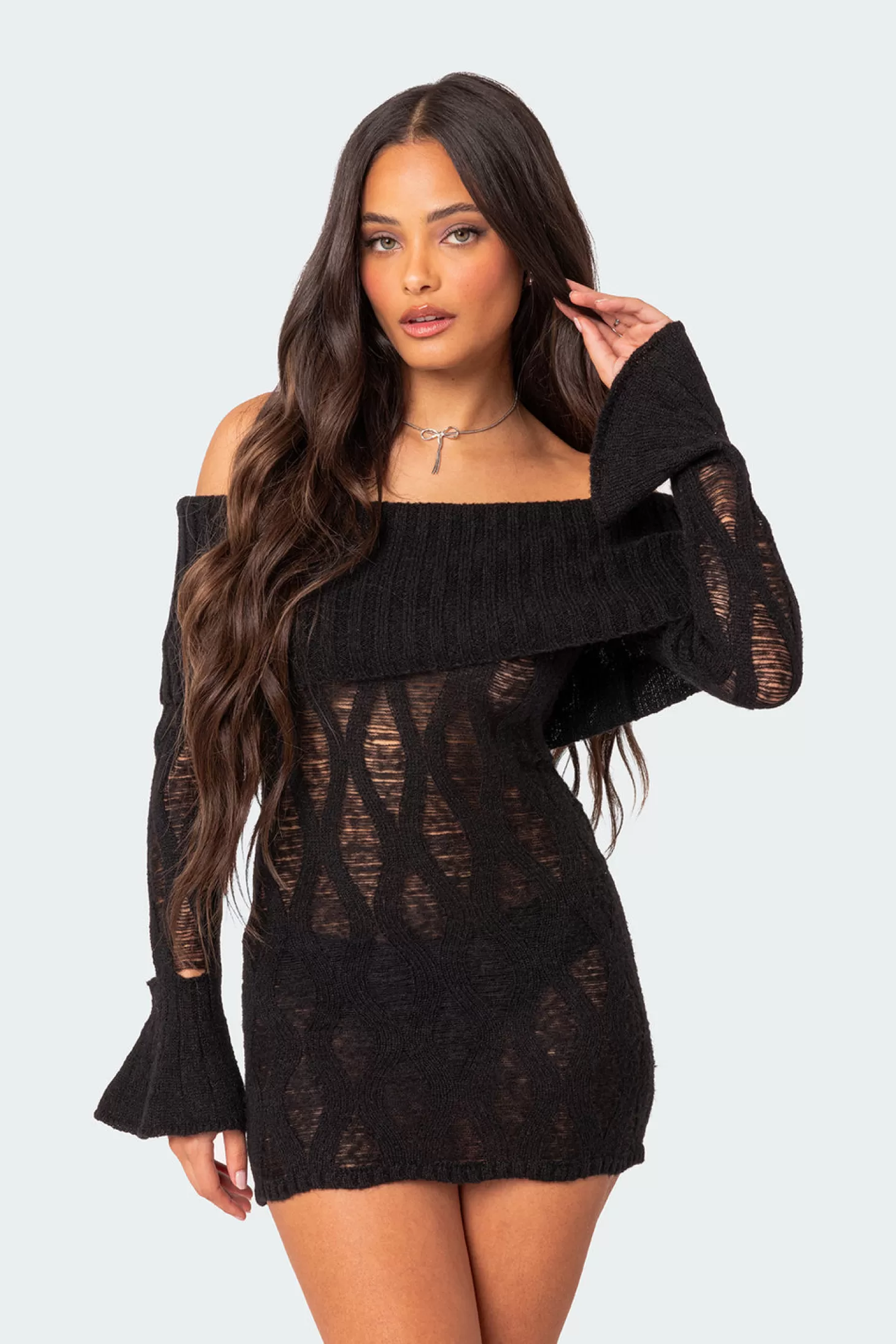 edikted Gabby Fold Over Open Knit Mini Dress* Mini Dresses | Long Sleeve Tops