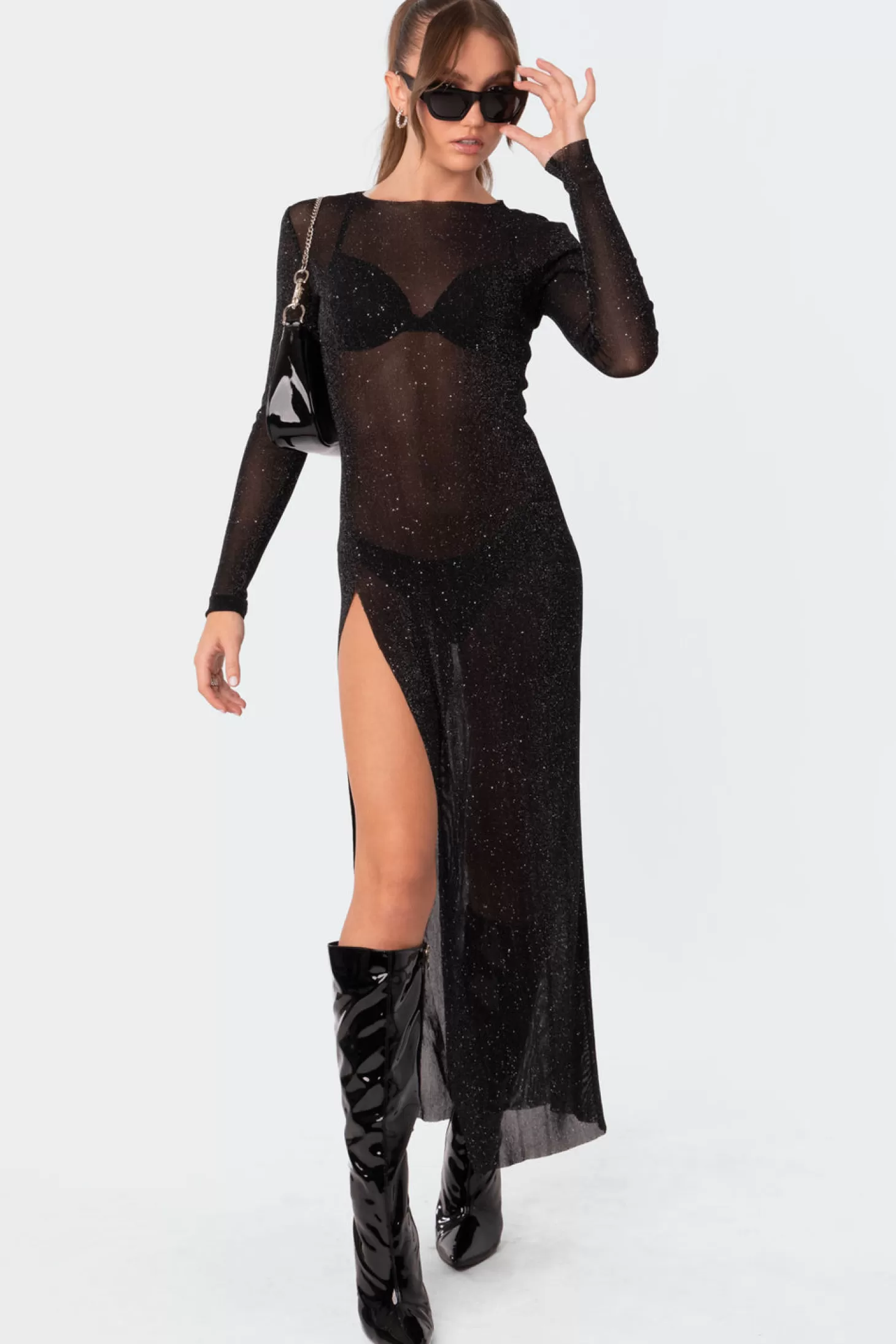 edikted Glitter Mesh Slitted Maxi Dress* Maxi Dresses | Long Sleeve Tops