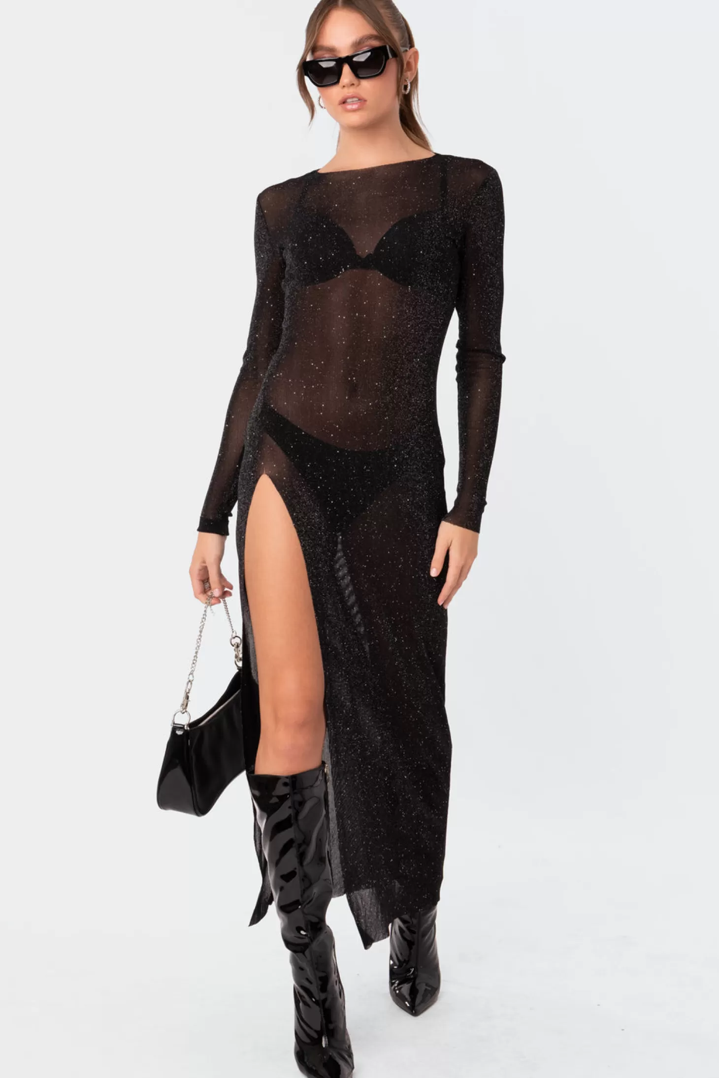 edikted Glitter Mesh Slitted Maxi Dress* Maxi Dresses | Long Sleeve Tops