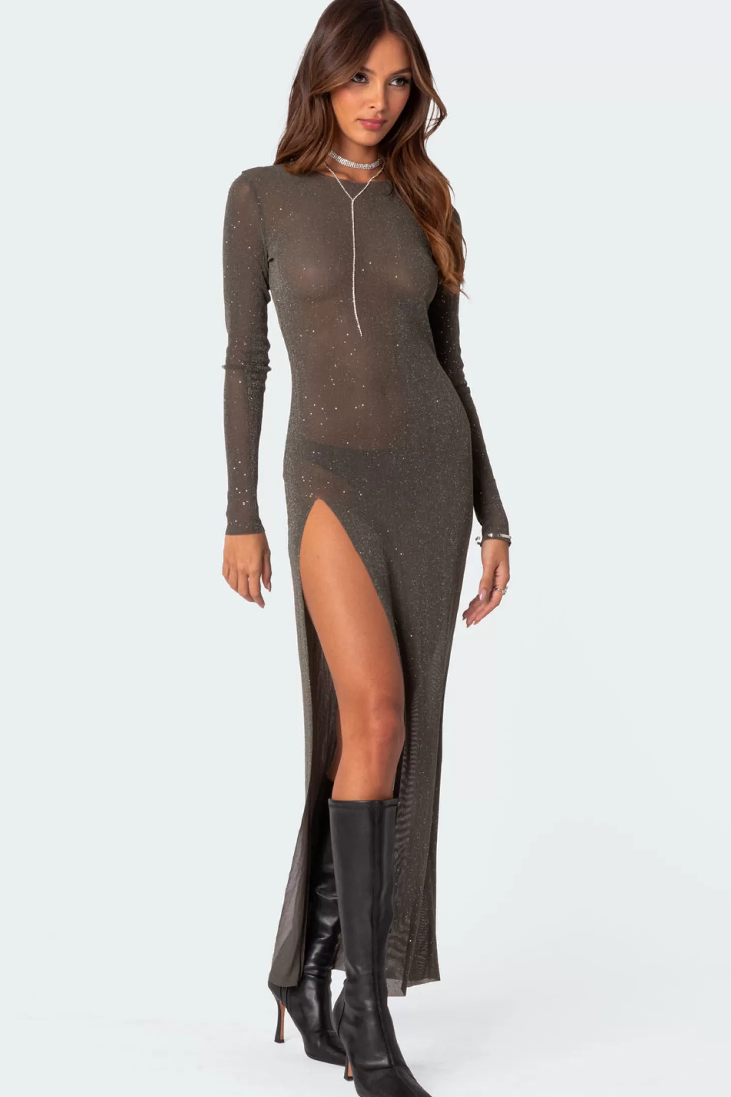 edikted Glitter Mesh Slitted Maxi Dress* Maxi Dresses | Long Sleeve Tops