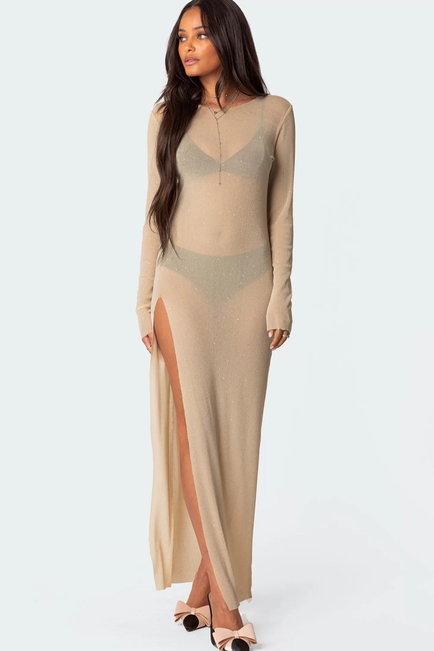 edikted Glitter Mesh Slitted Maxi Dress* Maxi Dresses | Long Sleeve Tops