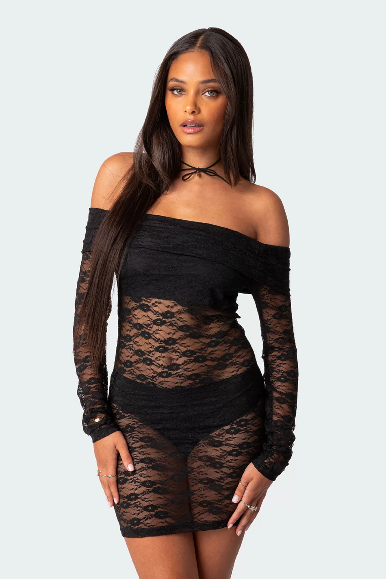 edikted Halle Sheer Lace Mini Dress* Mini Dresses | Long Sleeve Tops