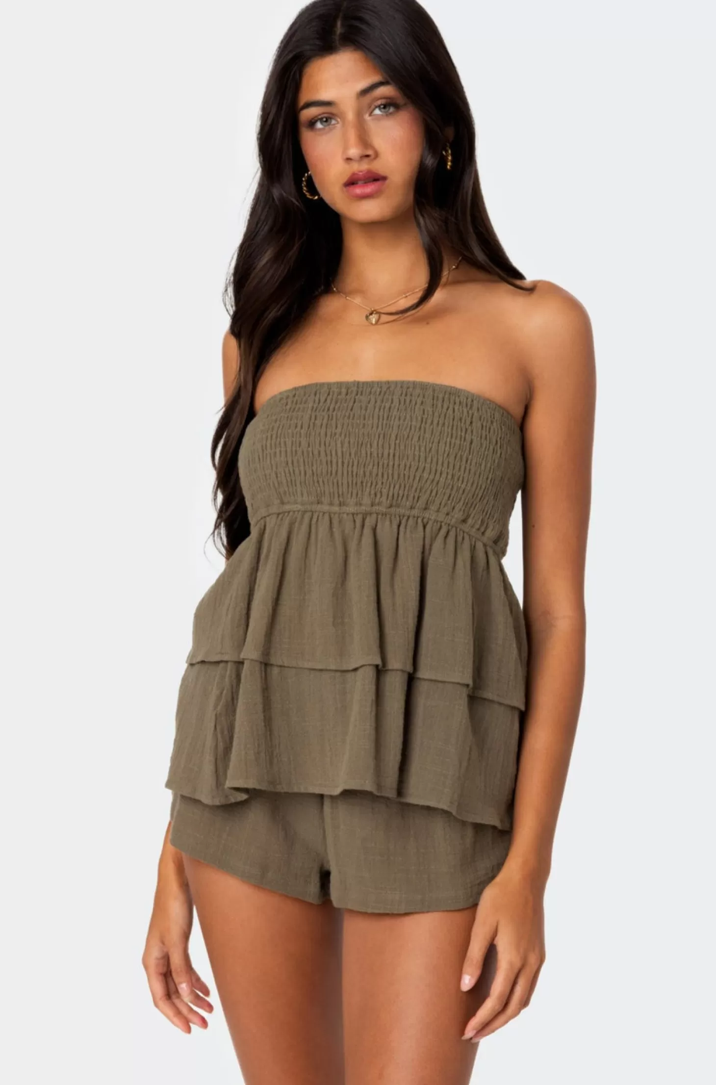 edikted Harleigh Ruffled Linen Look Tube Top* Strapless Tops | Sets