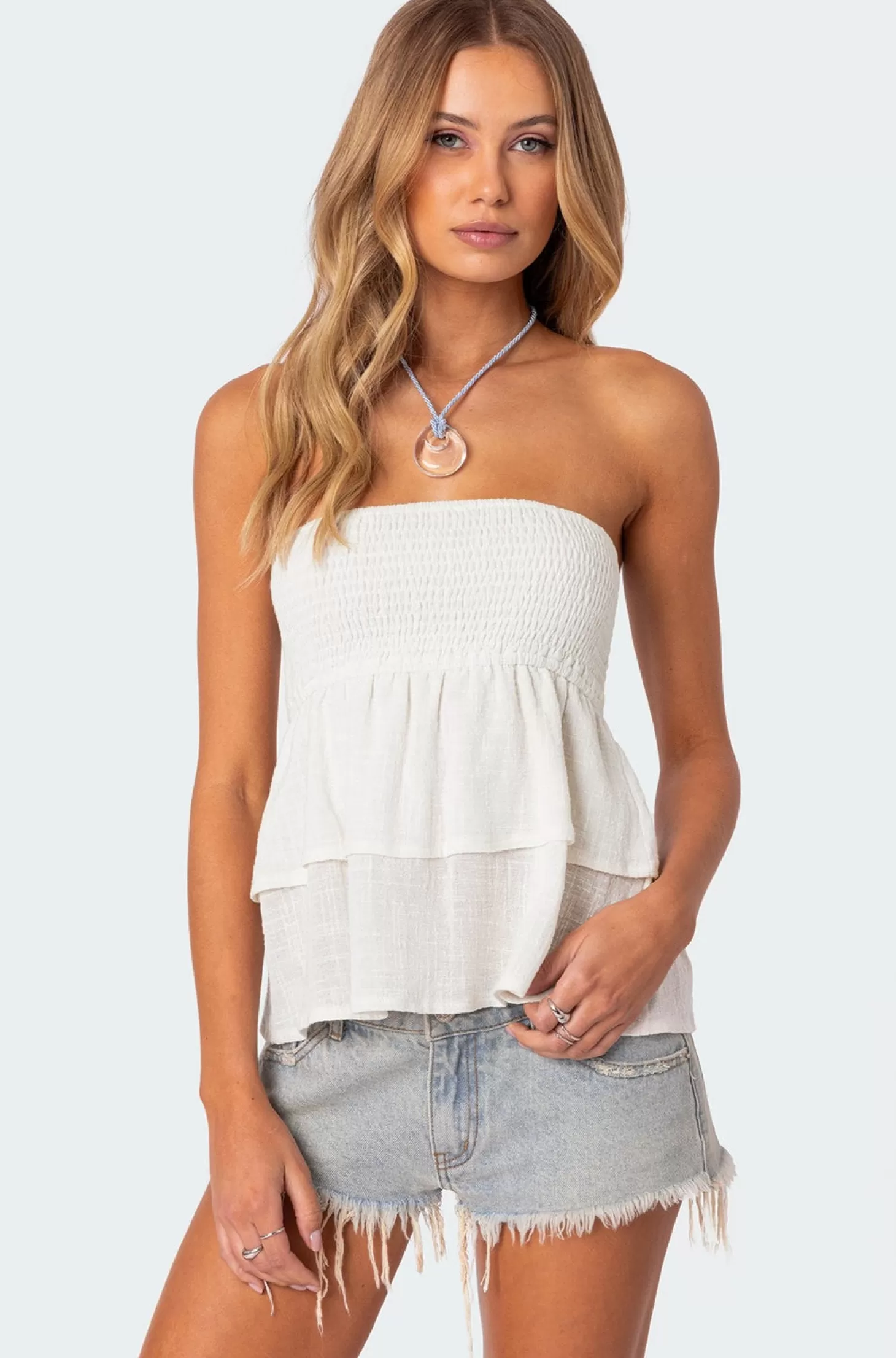 edikted Harleigh Ruffled Linen Look Tube Top* Strapless Tops | Tops