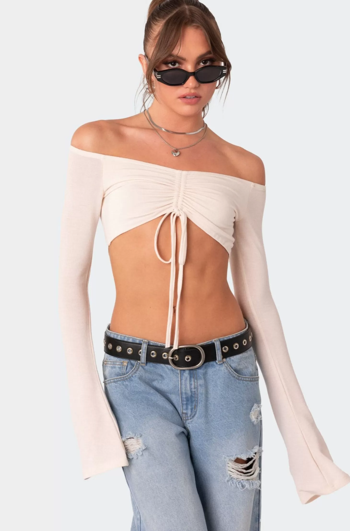 edikted Kirby Gathered Off The Shoulder Crop Top* Long Sleeve Tops