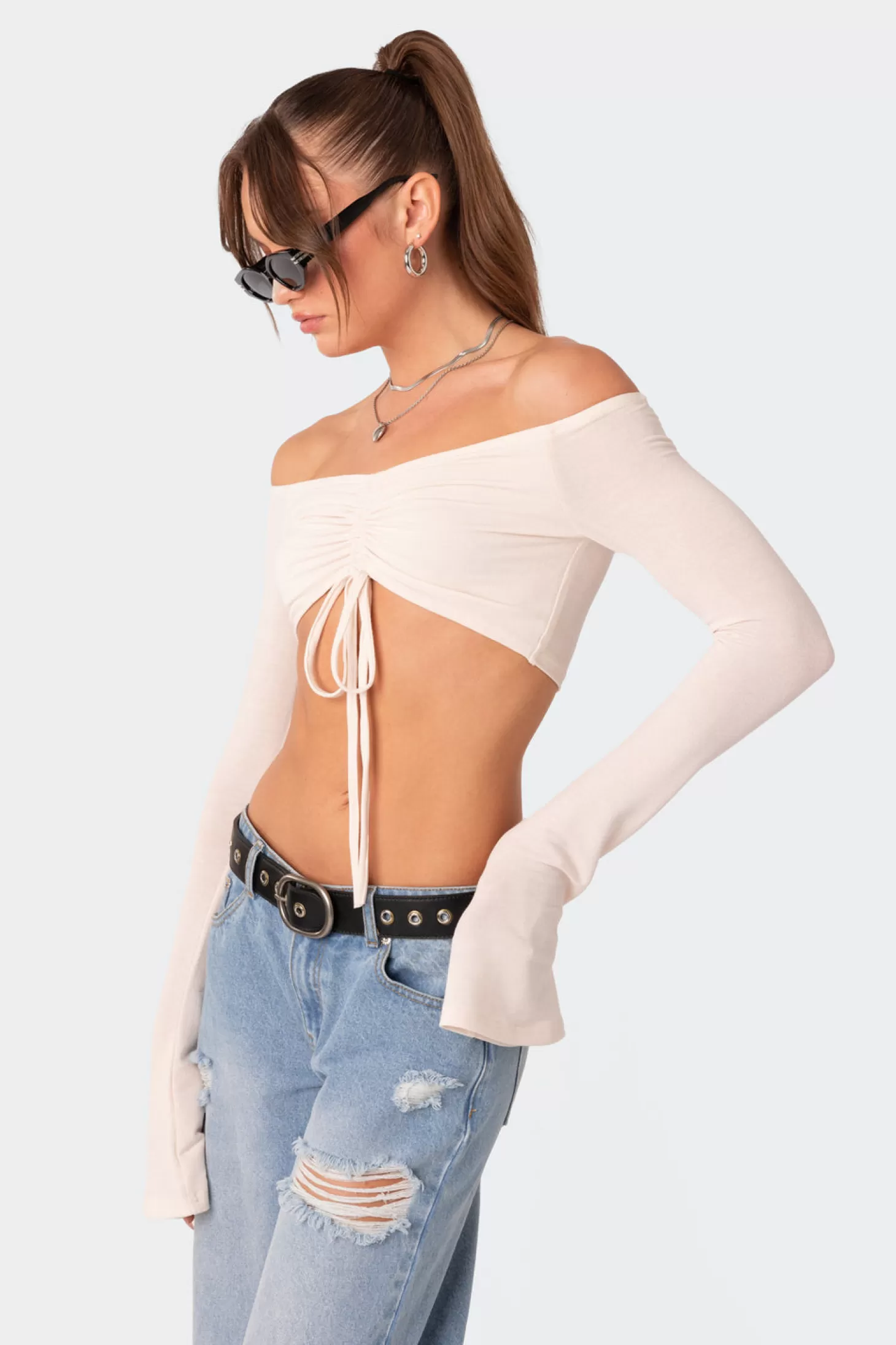 edikted Kirby Gathered Off The Shoulder Crop Top* Long Sleeve Tops