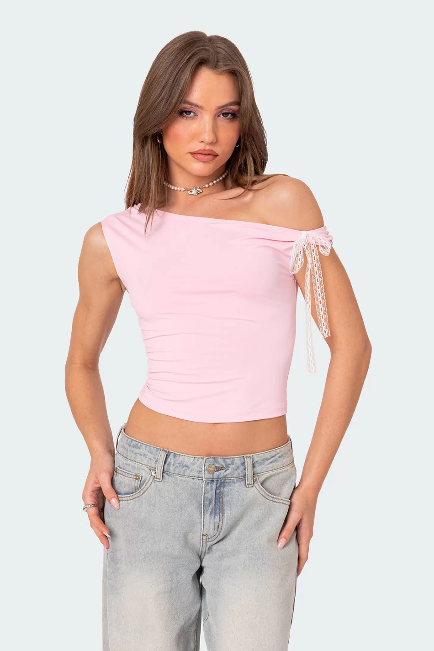 edikted Lace Bow Asymmetric Top* Tops