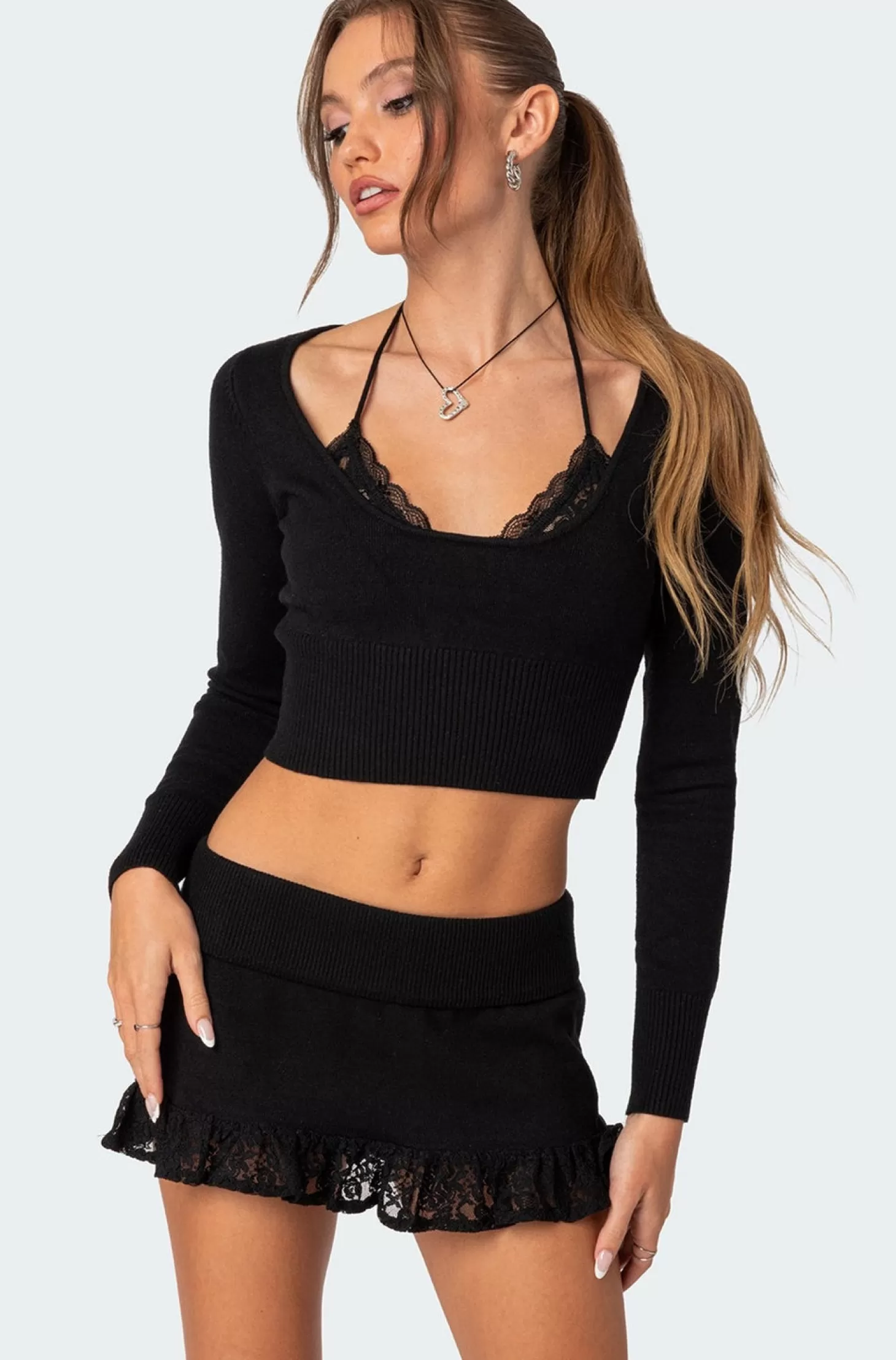 edikted Lace Bra Detail Knit Top* Crop Tops | Long Sleeve Tops