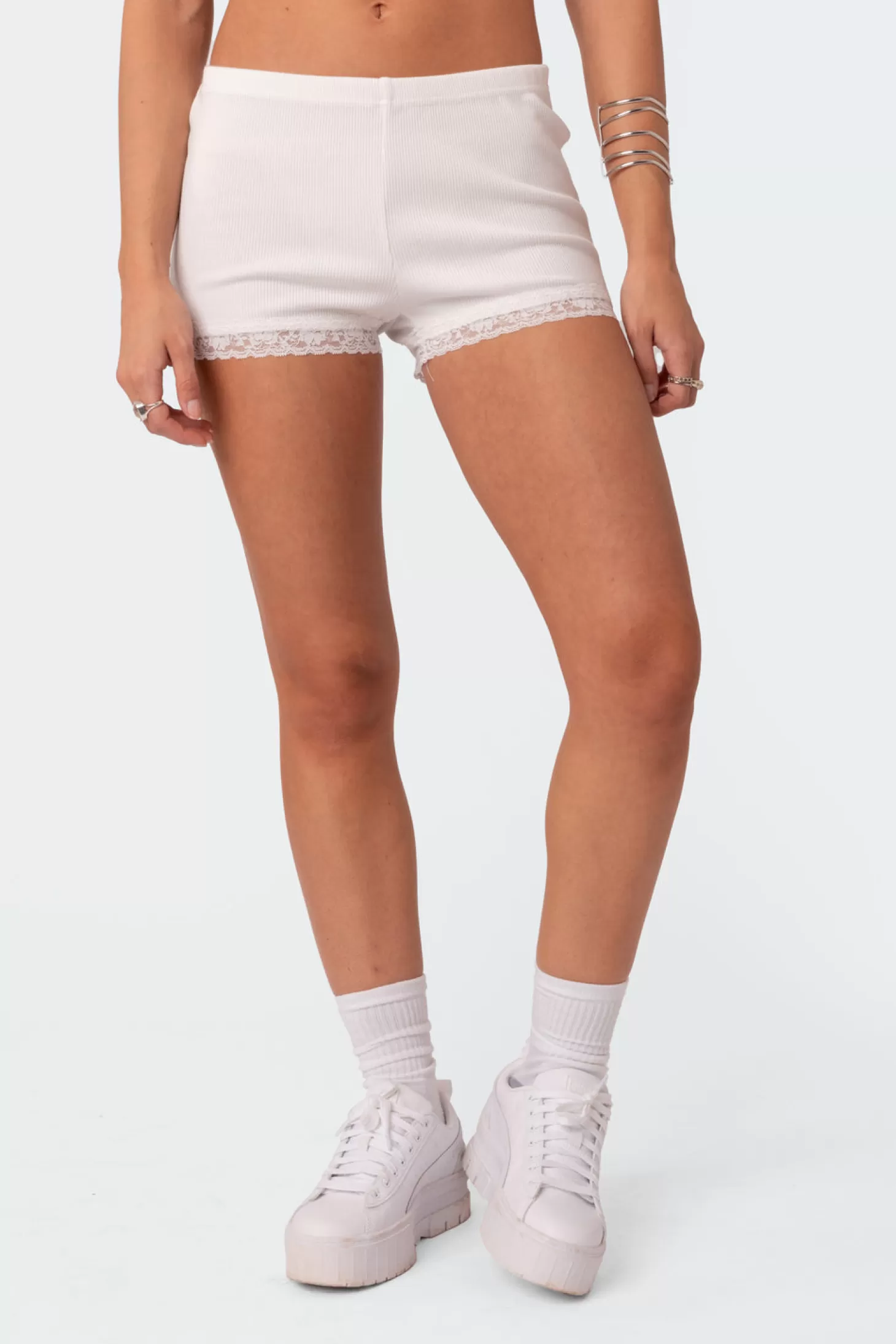 edikted Lace Trim Ribbed Shorts* Shorts | Shorts