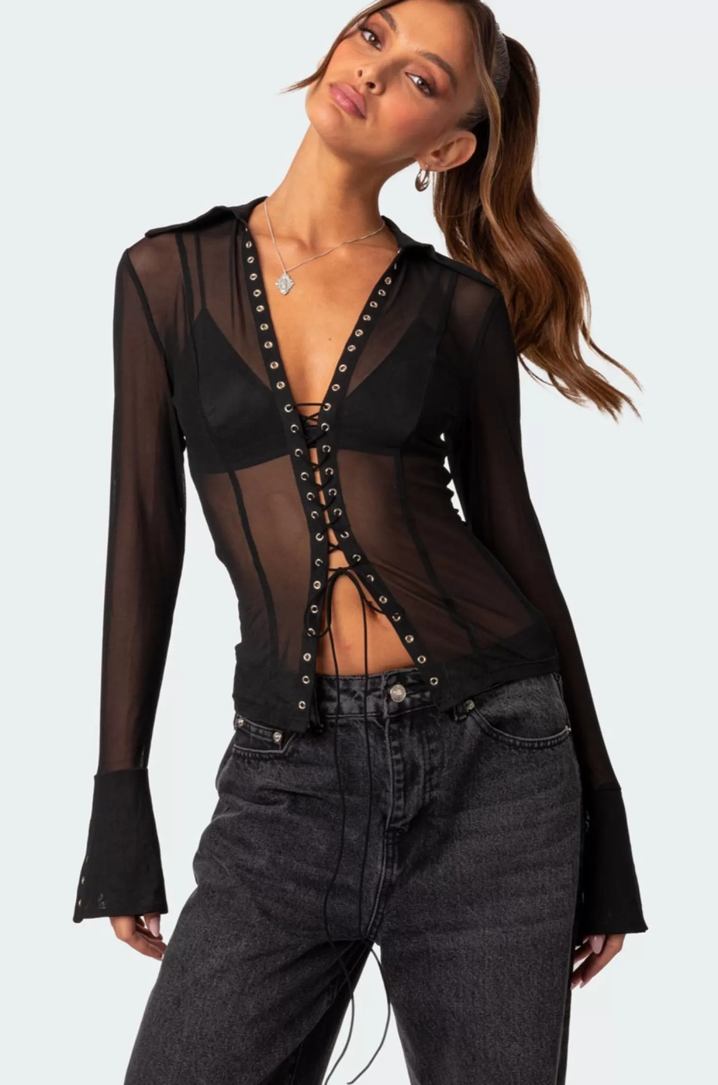 edikted Lace Up Sheer Mesh Top* Long Sleeve Tops