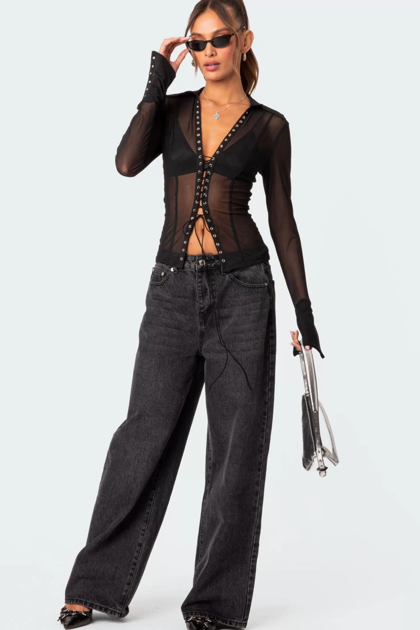 edikted Lace Up Sheer Mesh Top* Long Sleeve Tops