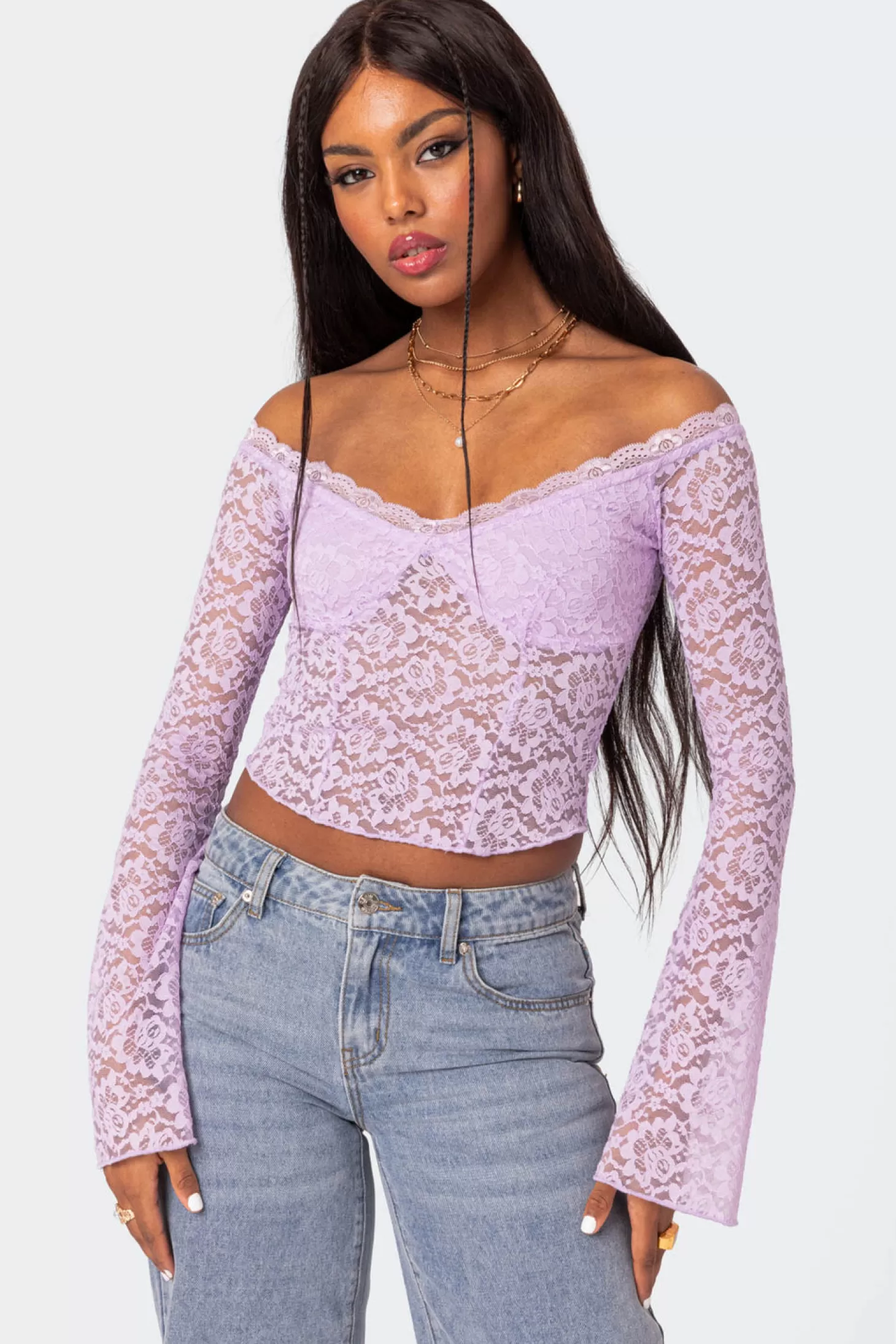 edikted Linda Off Shoulder Sheer Lace Top* Long Sleeve Tops