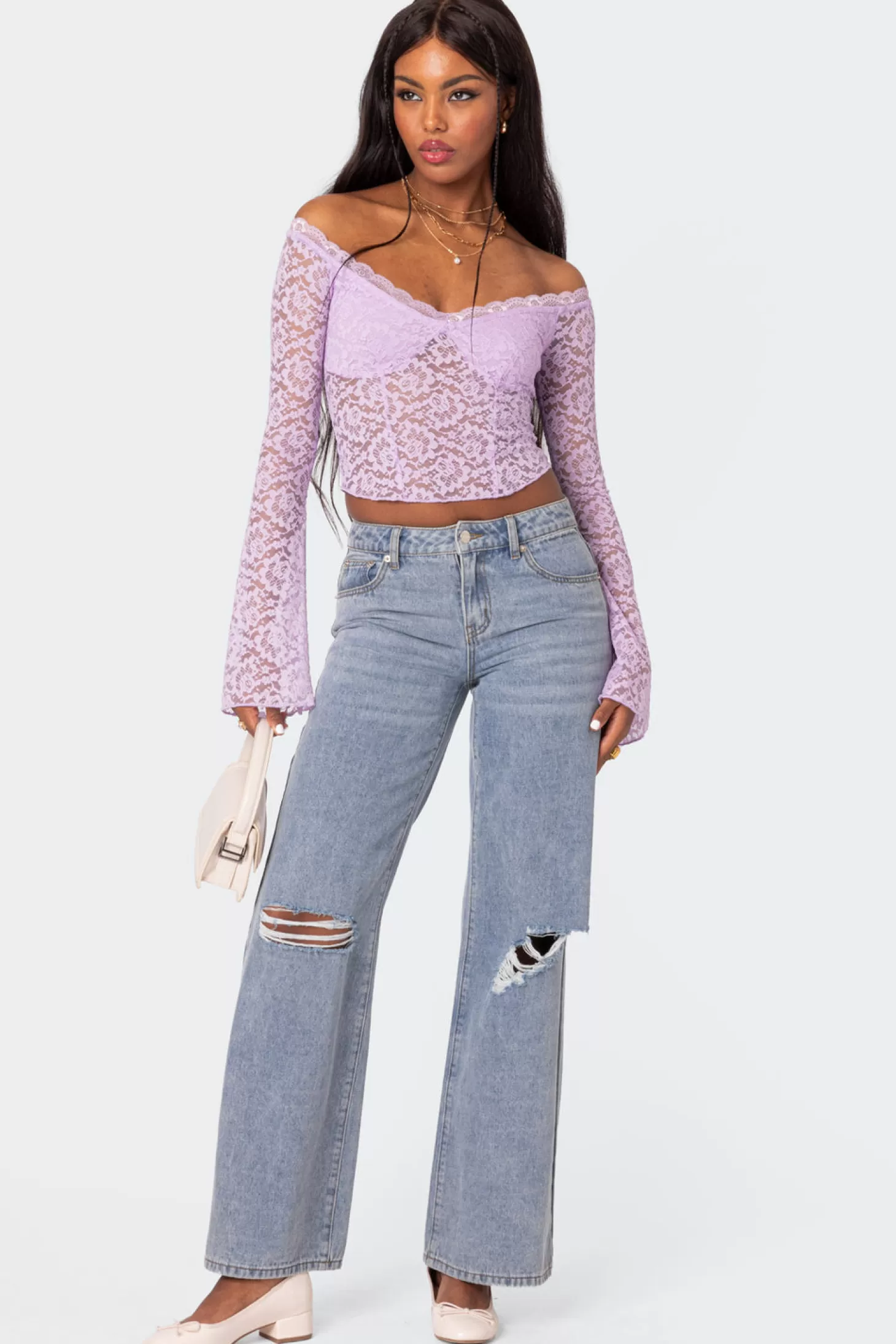 edikted Linda Off Shoulder Sheer Lace Top* Long Sleeve Tops