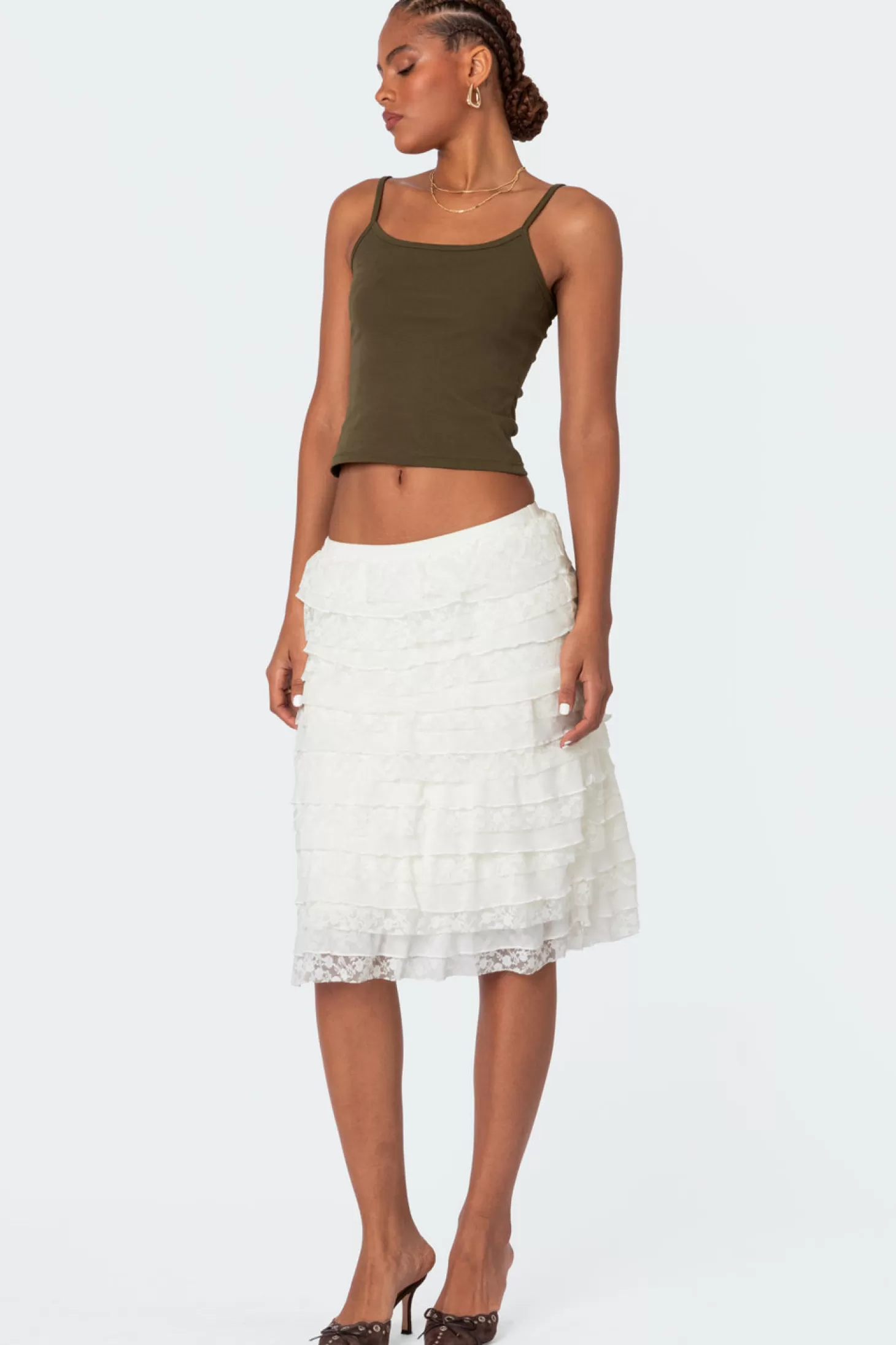 edikted Louise Lace And Mesh Ruffle Midi Skirt* Skirts | Skirts