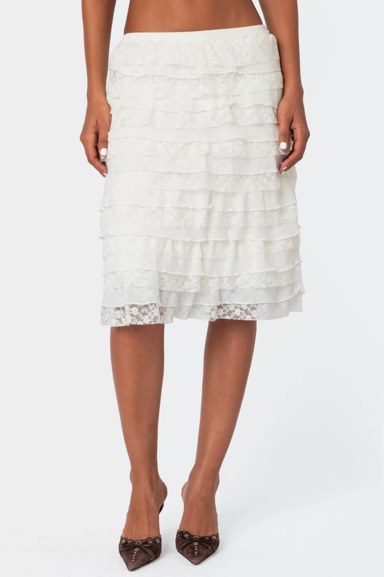 edikted Louise Lace And Mesh Ruffle Midi Skirt* Skirts | Skirts