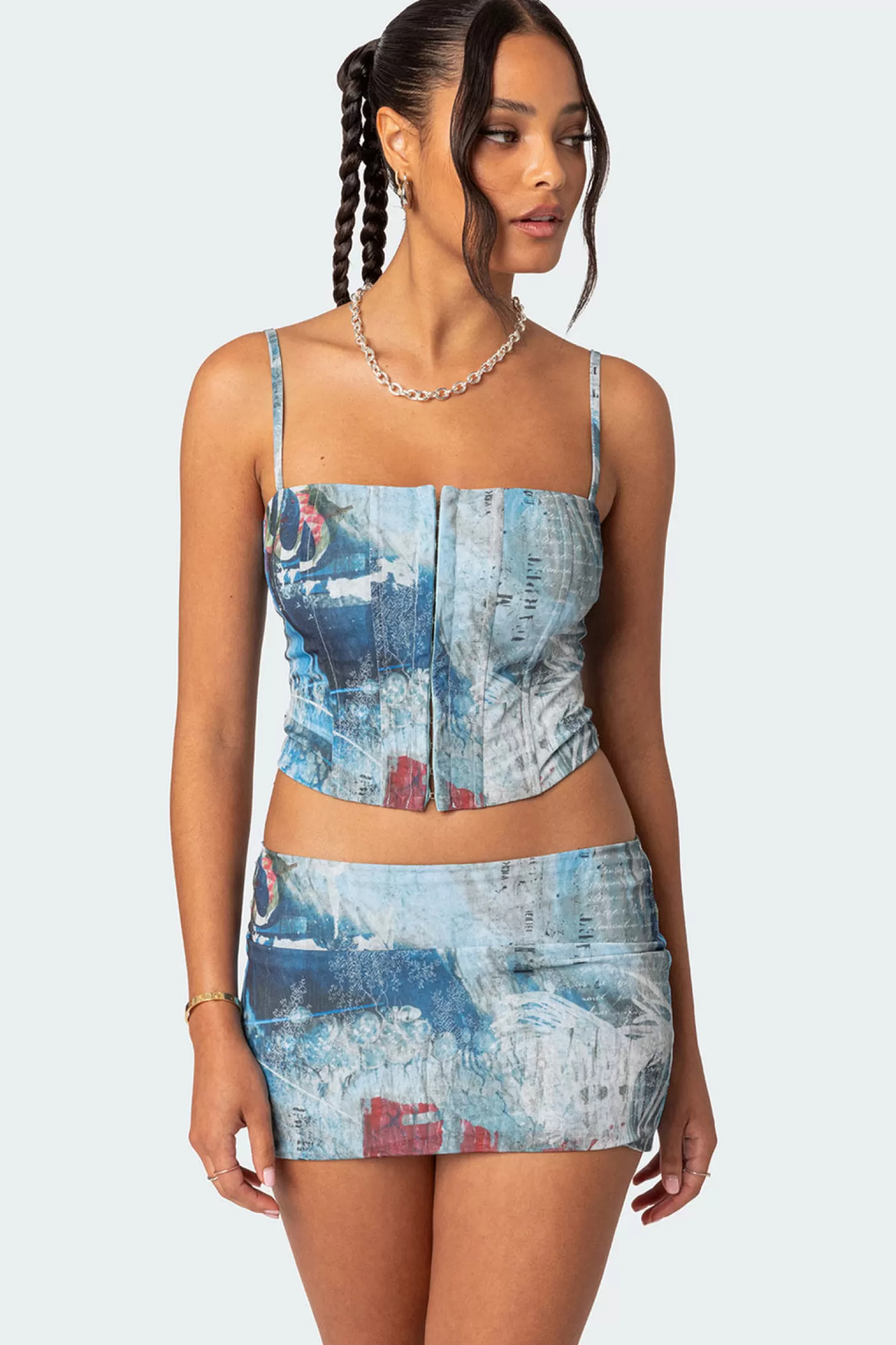 edikted Love Letter Printed Mesh Corset* Crop Tops | Corsets