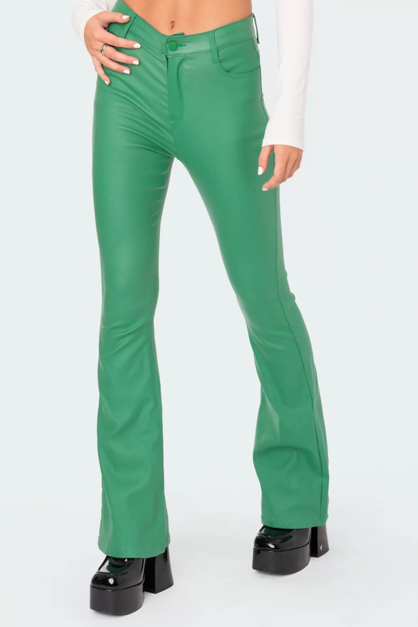 edikted Luna Faux Leather Flare Jeans* Jeans | Jeans