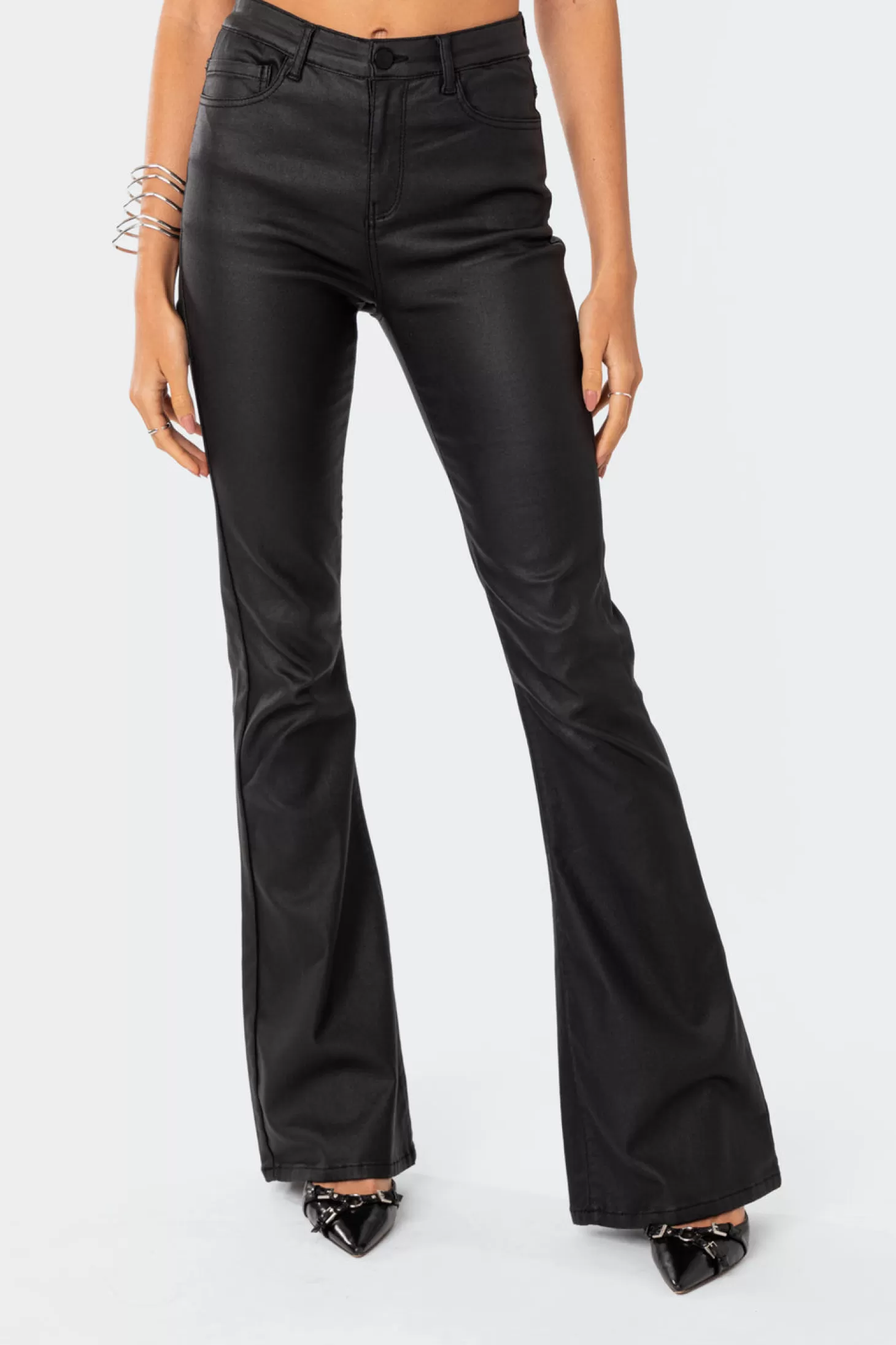 edikted Luna Faux Leather Flare Jeans* Jeans | Jeans