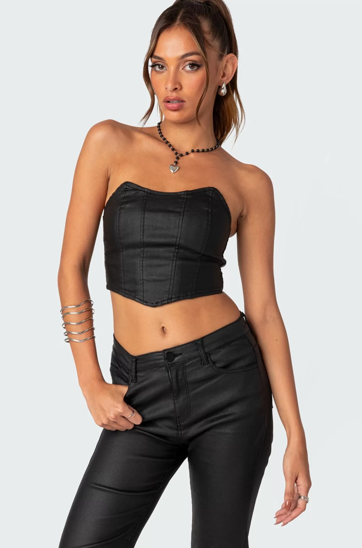 edikted Luna Faux Leather Stretch Corset* Crop Tops | Corsets