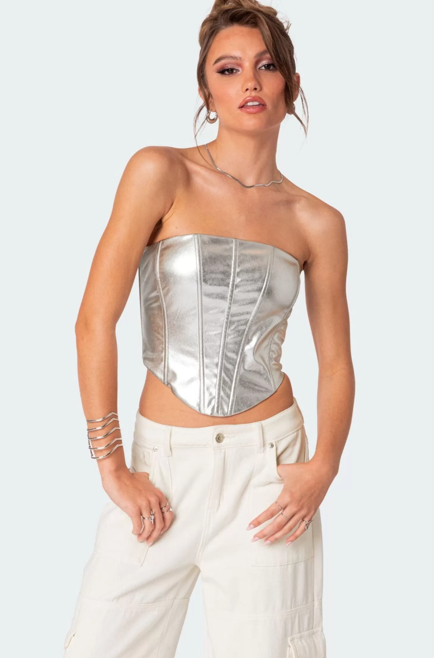 edikted Mabel Metallic Faux Leather Corset* Corsets | Corsets