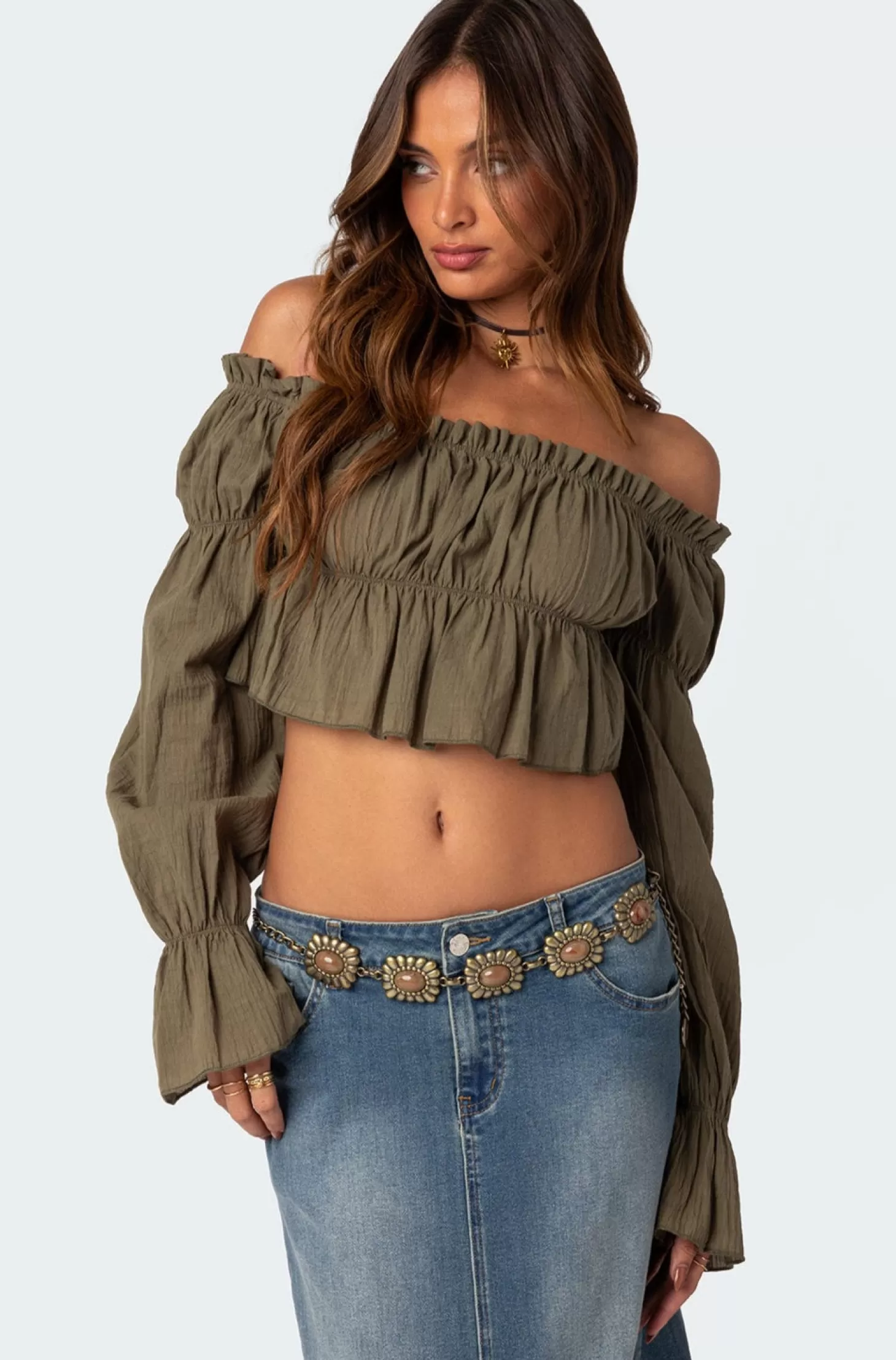 edikted Majestic Off Shoulder Gathered Crop Top* Crop Tops | Long Sleeve Tops