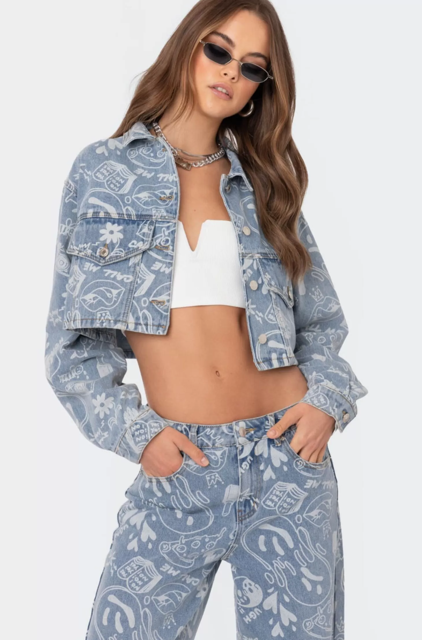 edikted Malia Printed Denim Cropped Jacket* Jackets & Coats