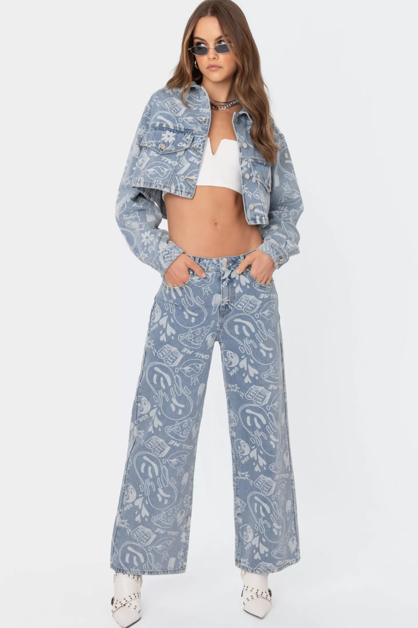 edikted Malia Printed Denim Cropped Jacket* Jackets & Coats