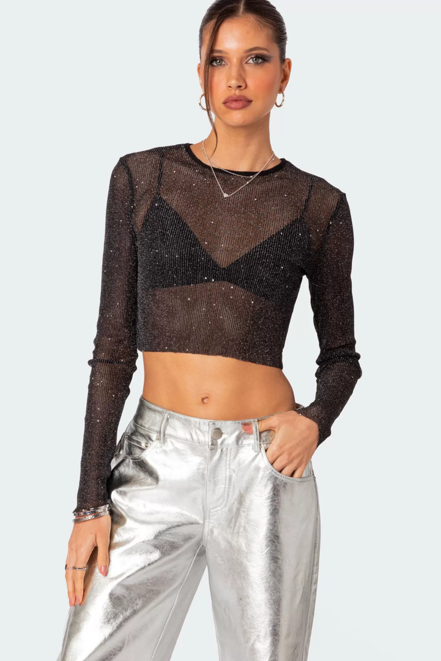 edikted Marly Sheer Shimmer Sequin Top* Crop Tops | Long Sleeve Tops