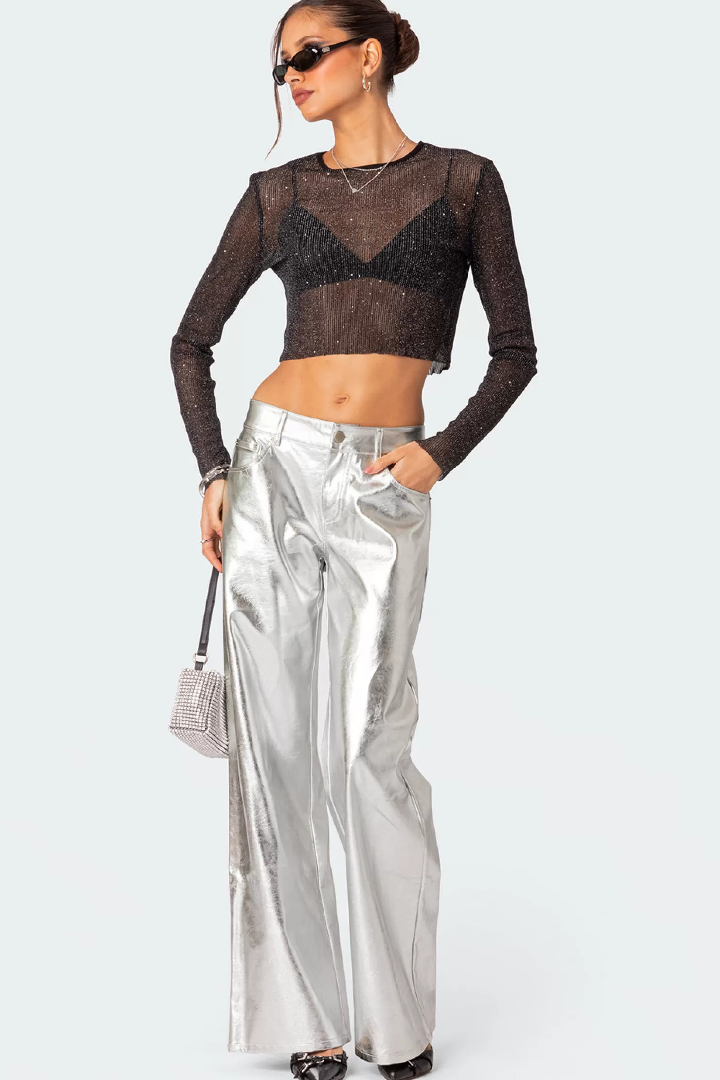 edikted Marly Sheer Shimmer Sequin Top* Crop Tops | Long Sleeve Tops