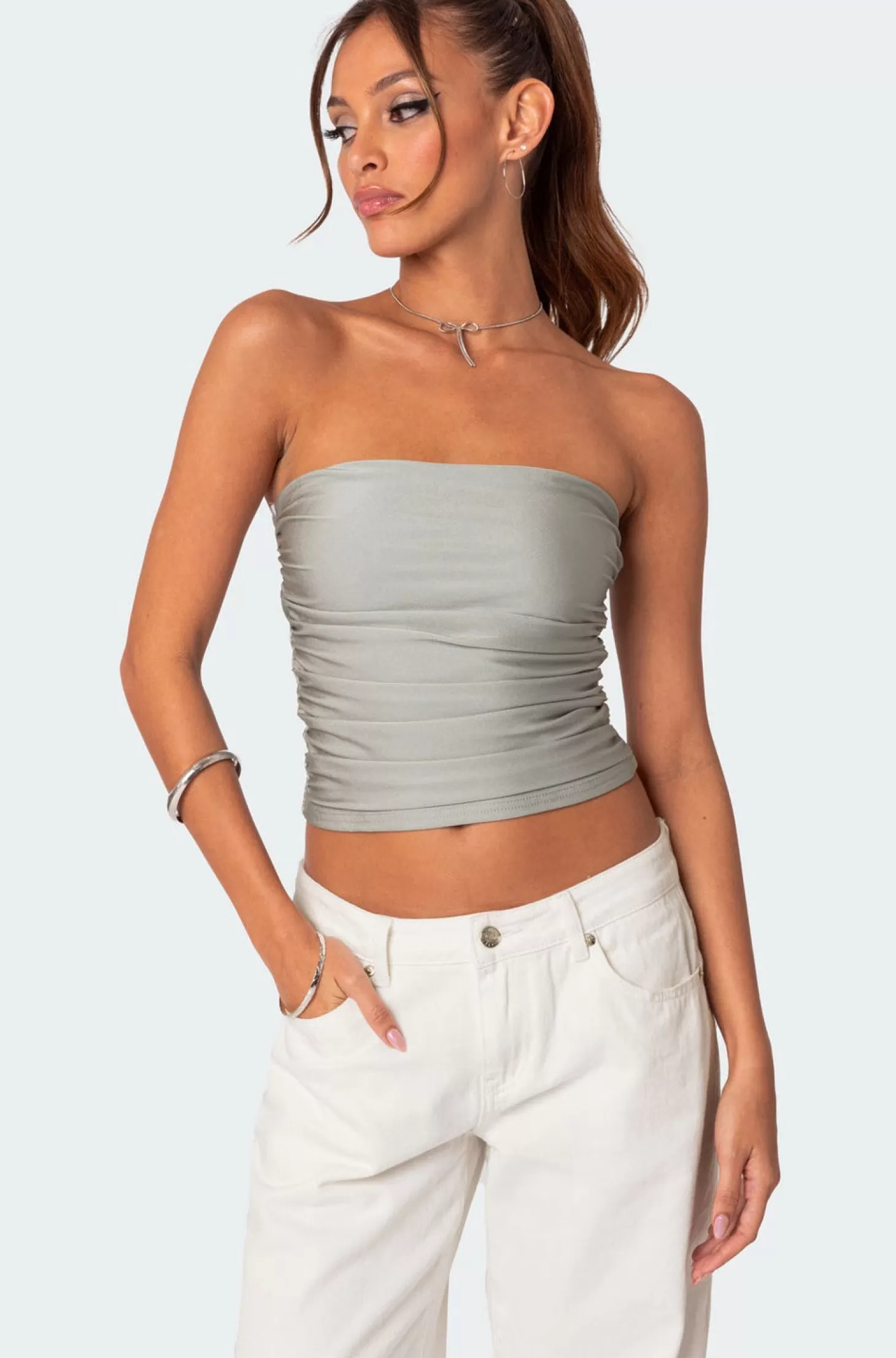 edikted Maxeen Shiny Gathered Tube Top* Strapless Tops | Tops