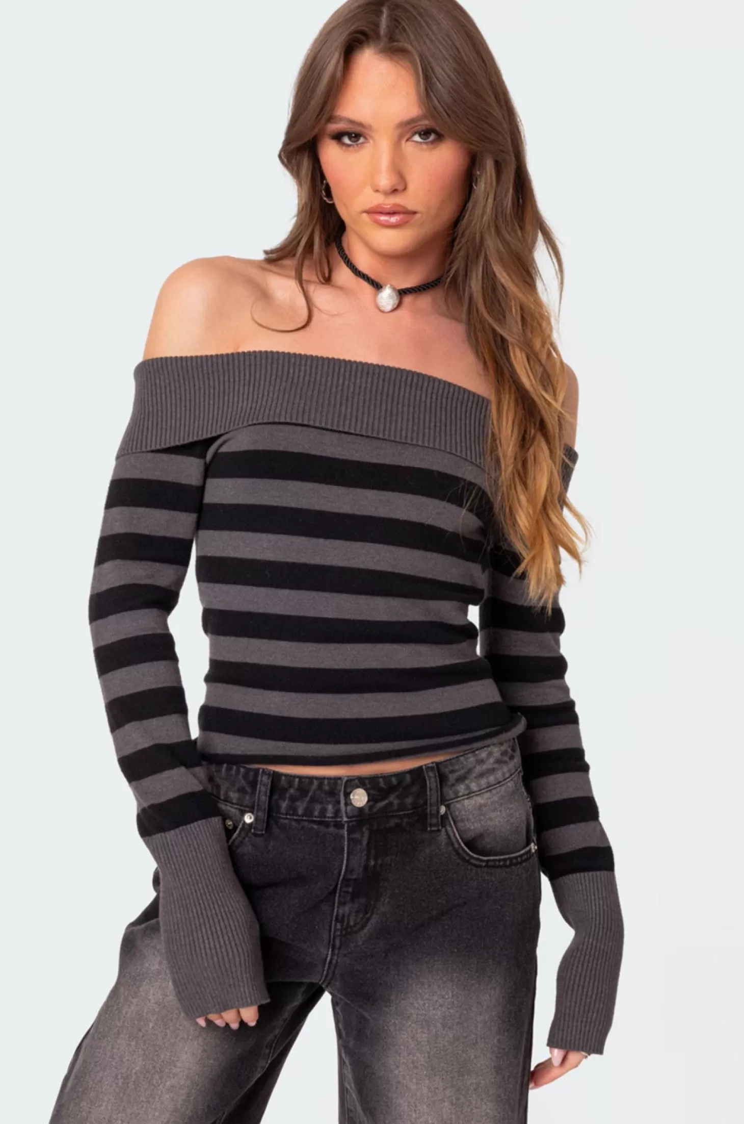 edikted Melody Fold Over Striped Sweater* Sweaters & Cardigans | Long Sleeve Tops