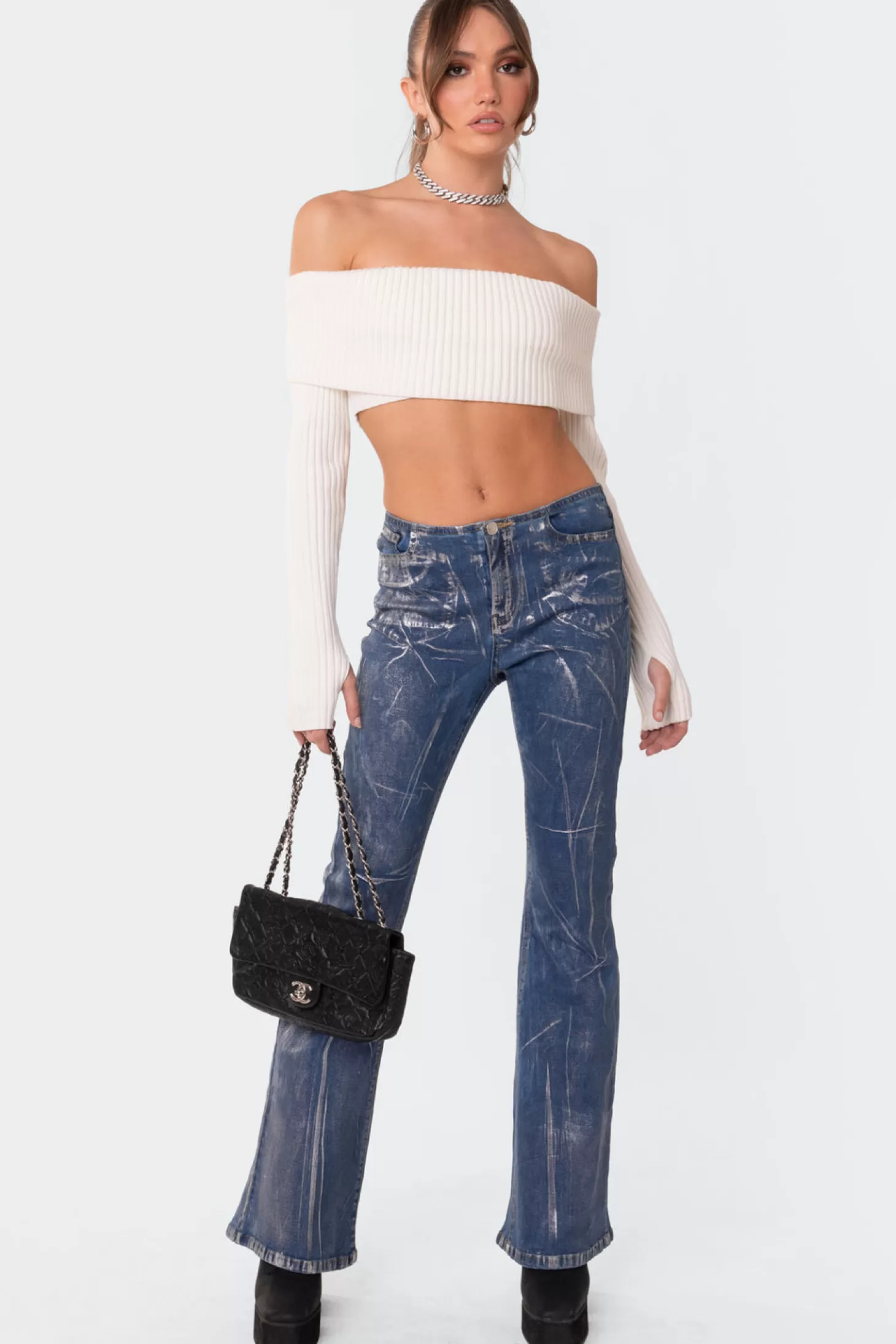 edikted Metallic Coated Low Rise Flared Jeans* Jeans | Jeans